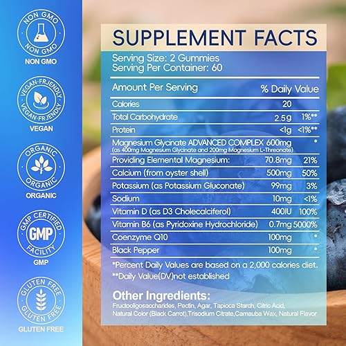 Miniatura 26 de Gomitas de glicinato de magnesio de 600 mg, gomitas de magnesio sin azúcar para adultos con L-treonato de magnesio, suplementos masticables