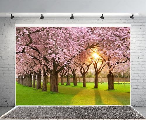 Miniatura 4 de Yeele Telón de fondo de flores de cerezo de 10 x 8 pies para fotografía, parque de primavera, sol, rosa, verde, prado, jardín, romántico,