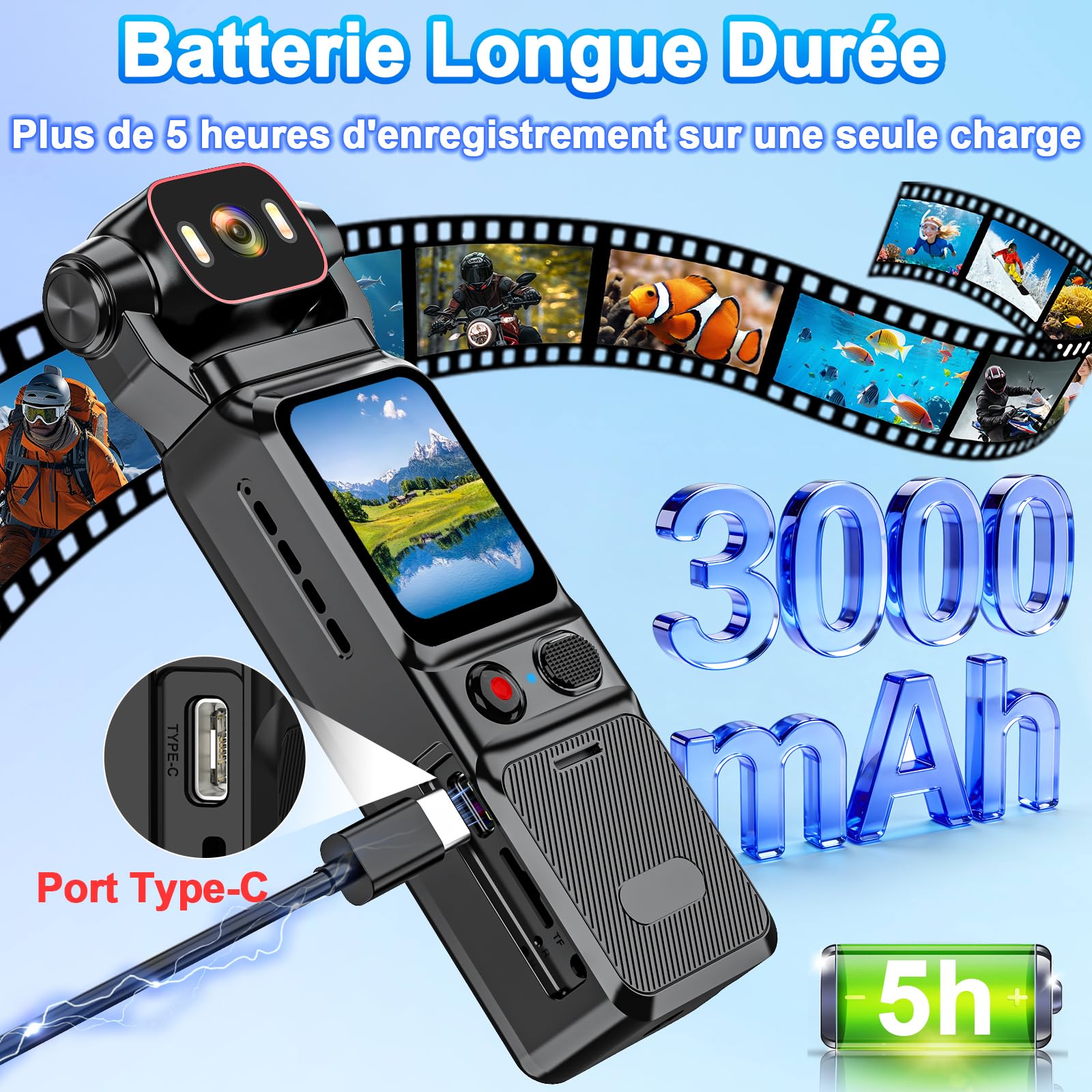 Caméra Vlog 4K Stabilisation 6 Axes WiFi Grand Angle, Moovora | Batterie 5h, objectif orientable 160°, LED intégrée, 256GB SD, écran