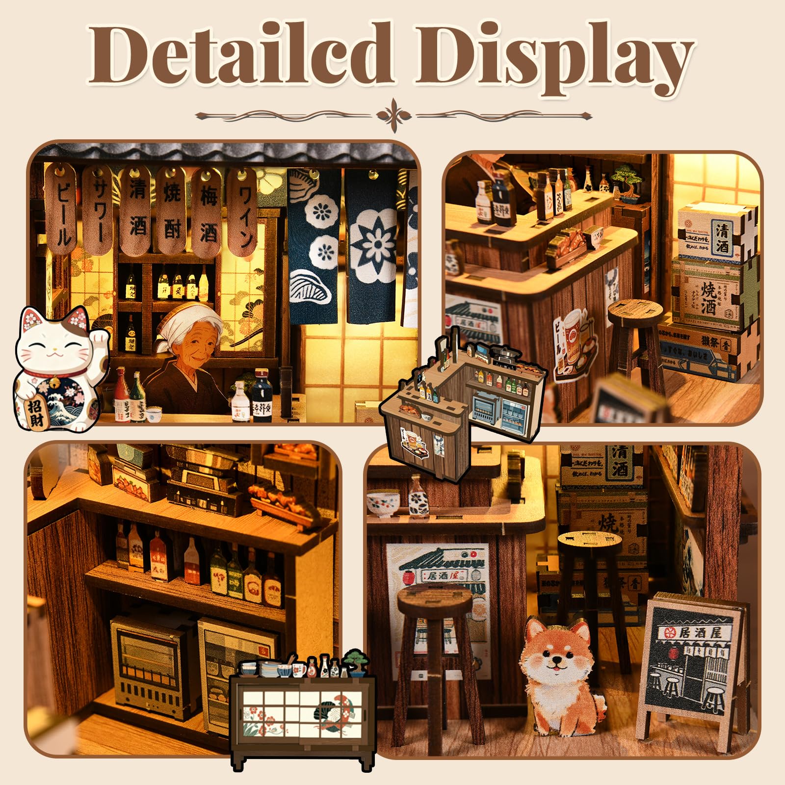 Book Nook Japan, Booknook Puppenhaus Modell，Dekoratives Bücherregal-Display & Wohndeko，3D-Holzpuzzles Buchecke, DIY-Miniaturhaus-Set（Yiran Izakaya）