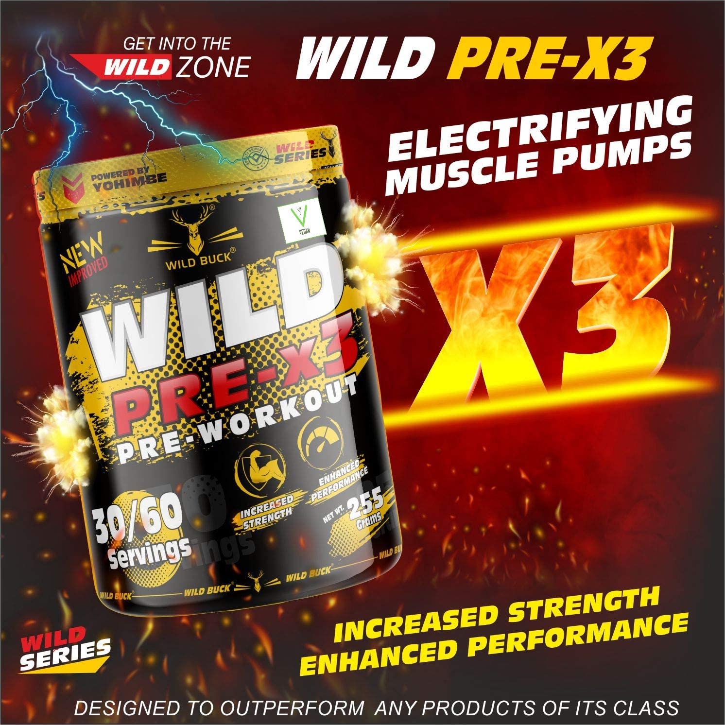 WILD BUCK Wild Pre-X3 Hardcore Pre-Workout Supplement,Energy Drink With Creatine Monohydrate,Arginine Aakg,Beta-Alanine - For Men & Women [30-60 Servings,Sour Gummies,255 G] Free Shaker,2 Count — Amazon image 7