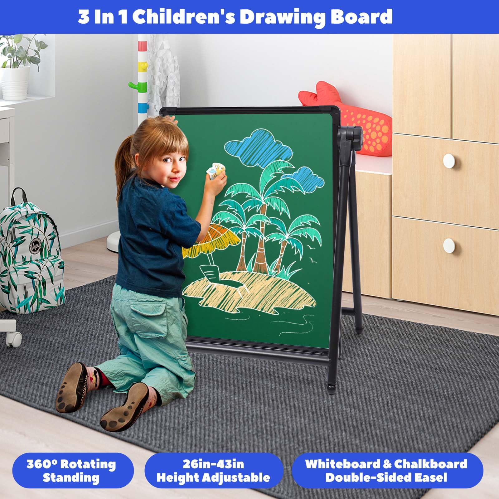 Ezel voor kinderen, dubbelzijdige ijzeren ezel, in hoogte verstelbaar, tekenplank, 360 graden draaibaar, schildersezel, whiteboard en creatieve schildersezel voor kinderen, jongens, meisjes vanaf 3 Ezel voor kinderen, dubbelzijdige ijzeren ezel, in hoogte verstelbaar, tekenplank, 360 graden draaibaar, schildersezel, whiteboard en creatieve schildersezel voor kinderen, jongens, meisjes vanaf 3