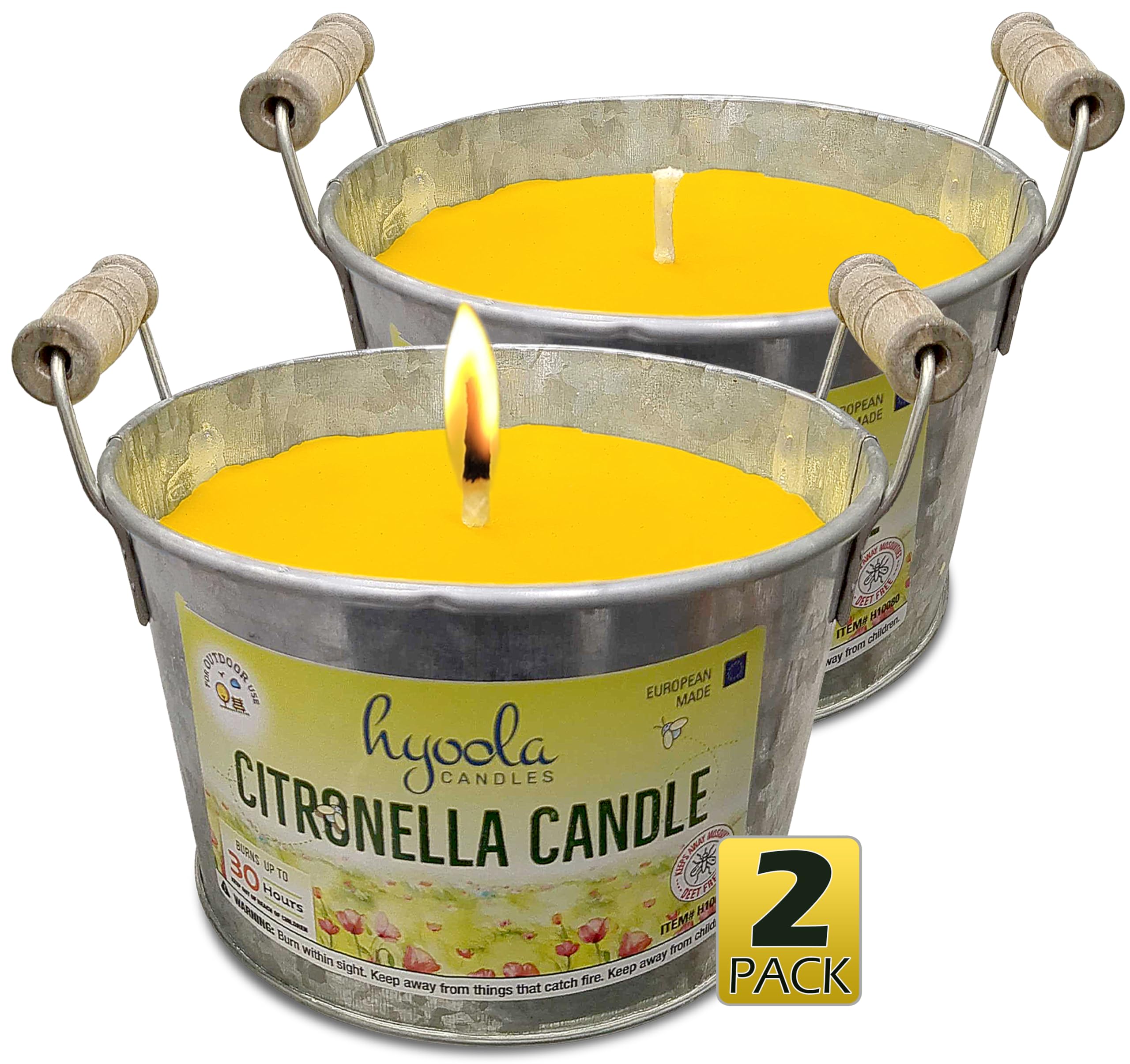 HYOOLA Large Citronella Candles Outdoor Bucket - 30 Hour - 2-Pack - Natural Repellent - European Made