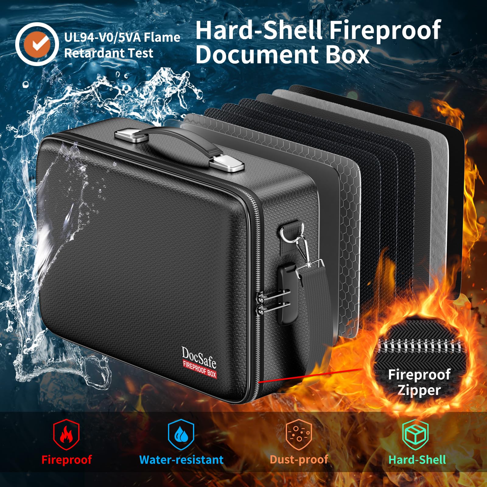 DocSafe Scatola portadocumenti ignifuga con serratura e tracolla, custodia rigida organizer con cartella a fisarmonica, multi-strato, portatile, per casa, ufficio, viaggi, archiviazione sicura per