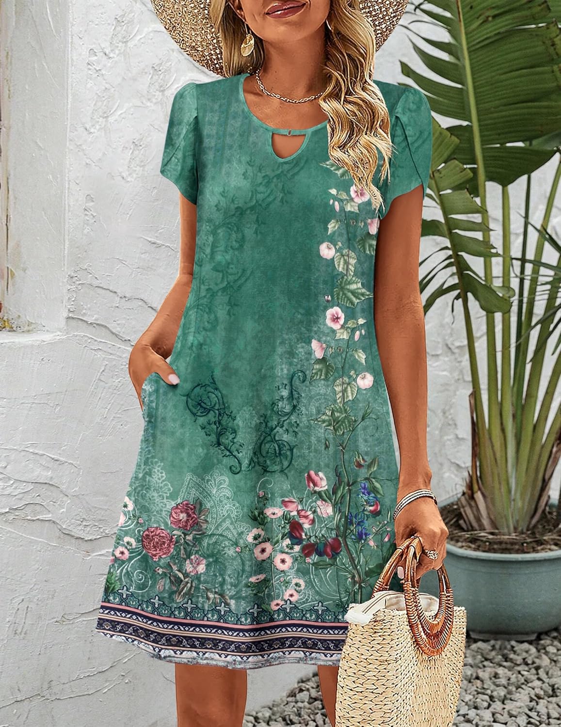 HOTOUCH Women's Casual A-Line Dress with Pockets Summer Beach Floral Tshirt Dress Short Sleeve Mini Dress Flowy Sundresses - Image 2