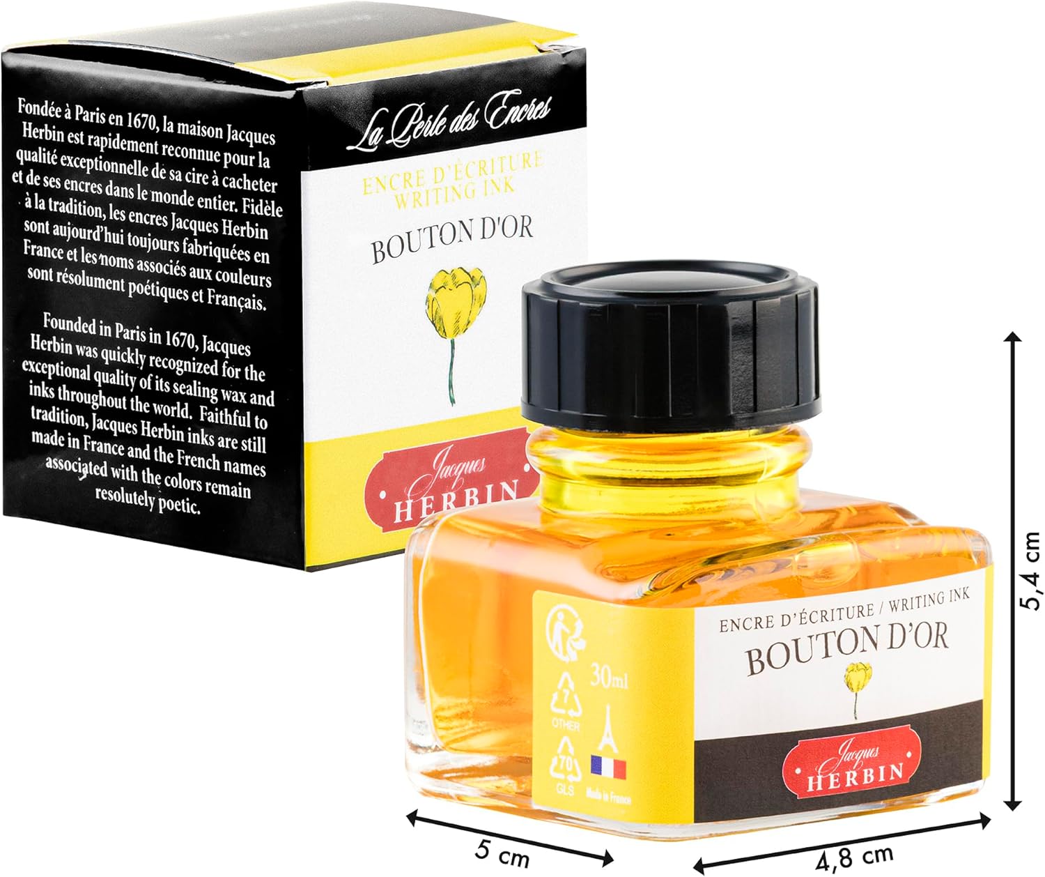 Jacques Herbin - Ref 13053T - Ink for Fountain Pens & Rollerball Pens - Bouton D'or/Yellow Button Gold - 30ml Bottle with Integrated Pen Rest - Yellow-Coloured Ink
