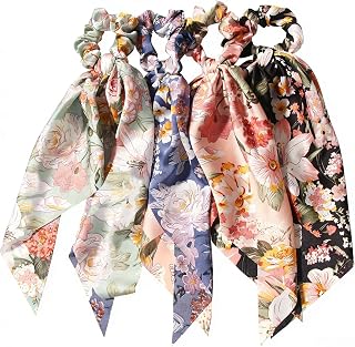 4pcs Satin Hair Scarf Scrunchies, Bow Scrunchies Hair Tie with Long Ribbon, Soft Satin Hair Tie for Women, Floral Printed Hair Accessory for Daily Wear, Party & Date (flower-4pcs)