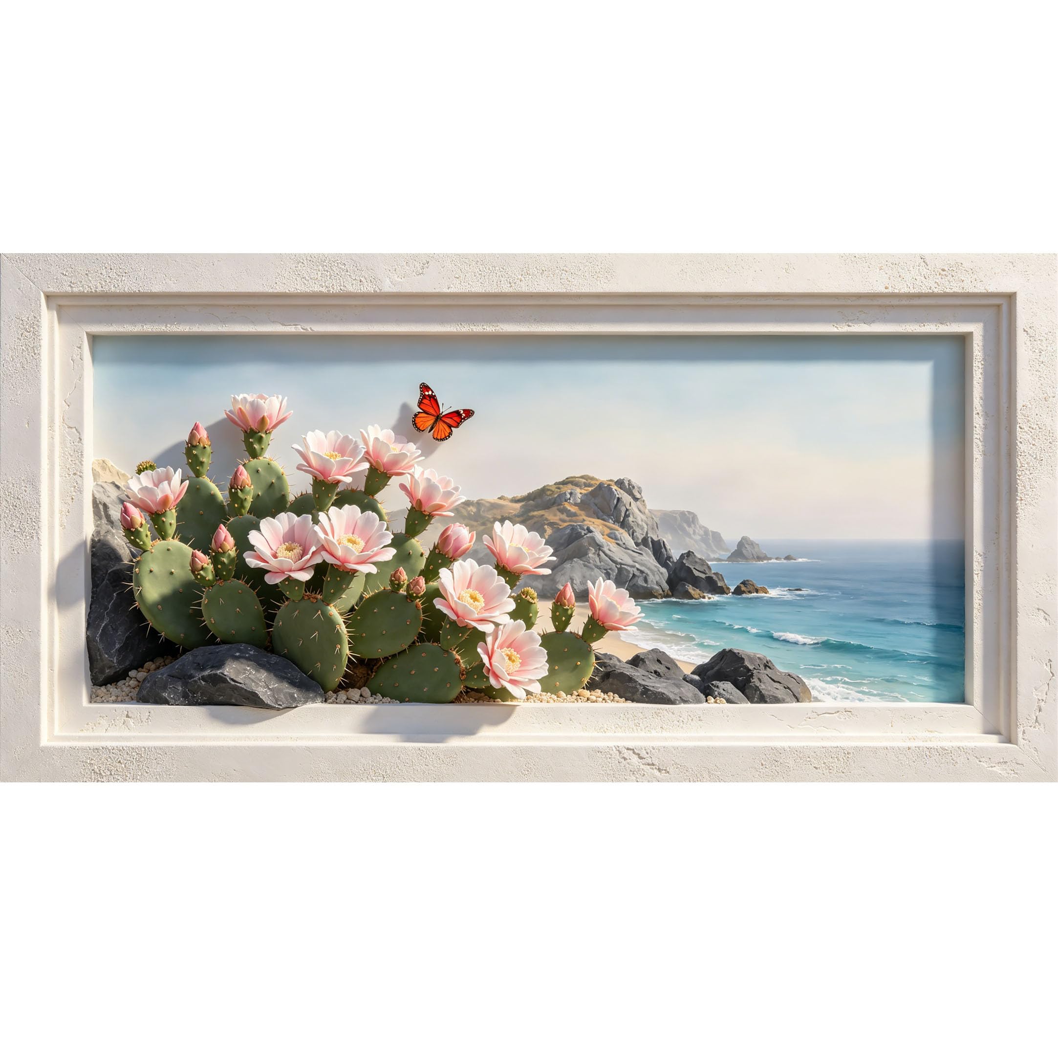 Agglomerix 3D Framed Wall Art Cactus Flower Butterfly Coastal Landscape Ocean Cliff Botanical Large Size Self-Adhesive Removable Wall Decor Prints Artwork for Living Room Bedroom Office