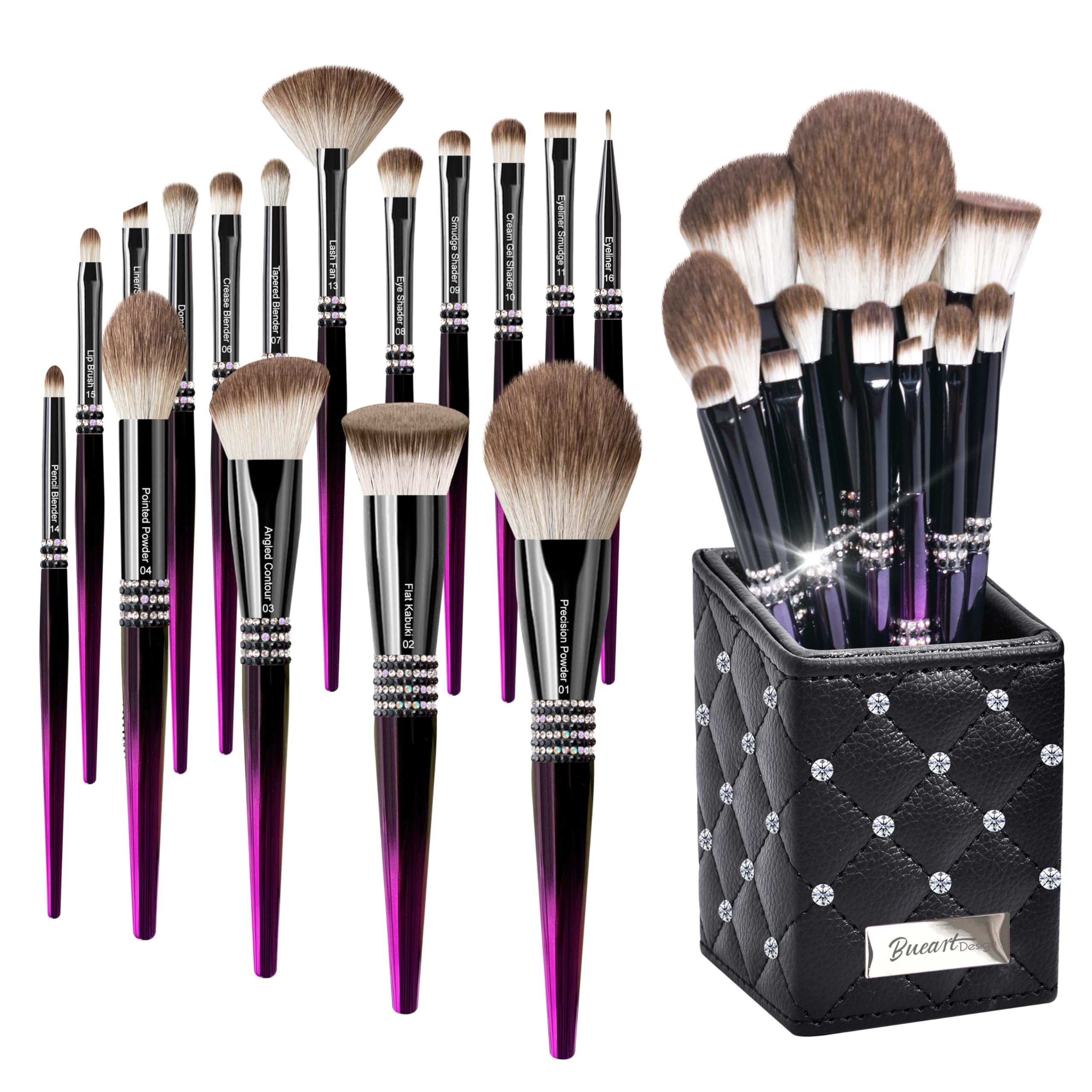 Bueart Design 16PCS Ultra Soft Labeled Makeup Brushes Set with HOLDER case Cosmetic make up brush set (16Pcs Black Rose Red+Holder)