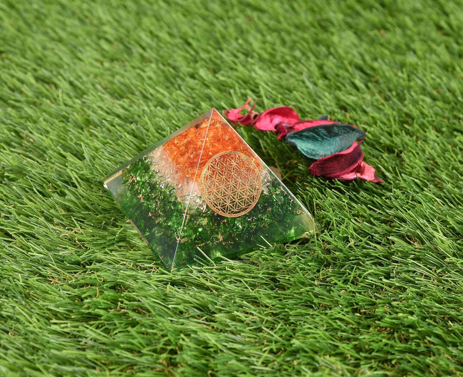 Blessfull Healing Reiki Stone Gift Orange,Crystal,Aventurine Multi Mix with Metal Flower of Life Pyramid Chakra