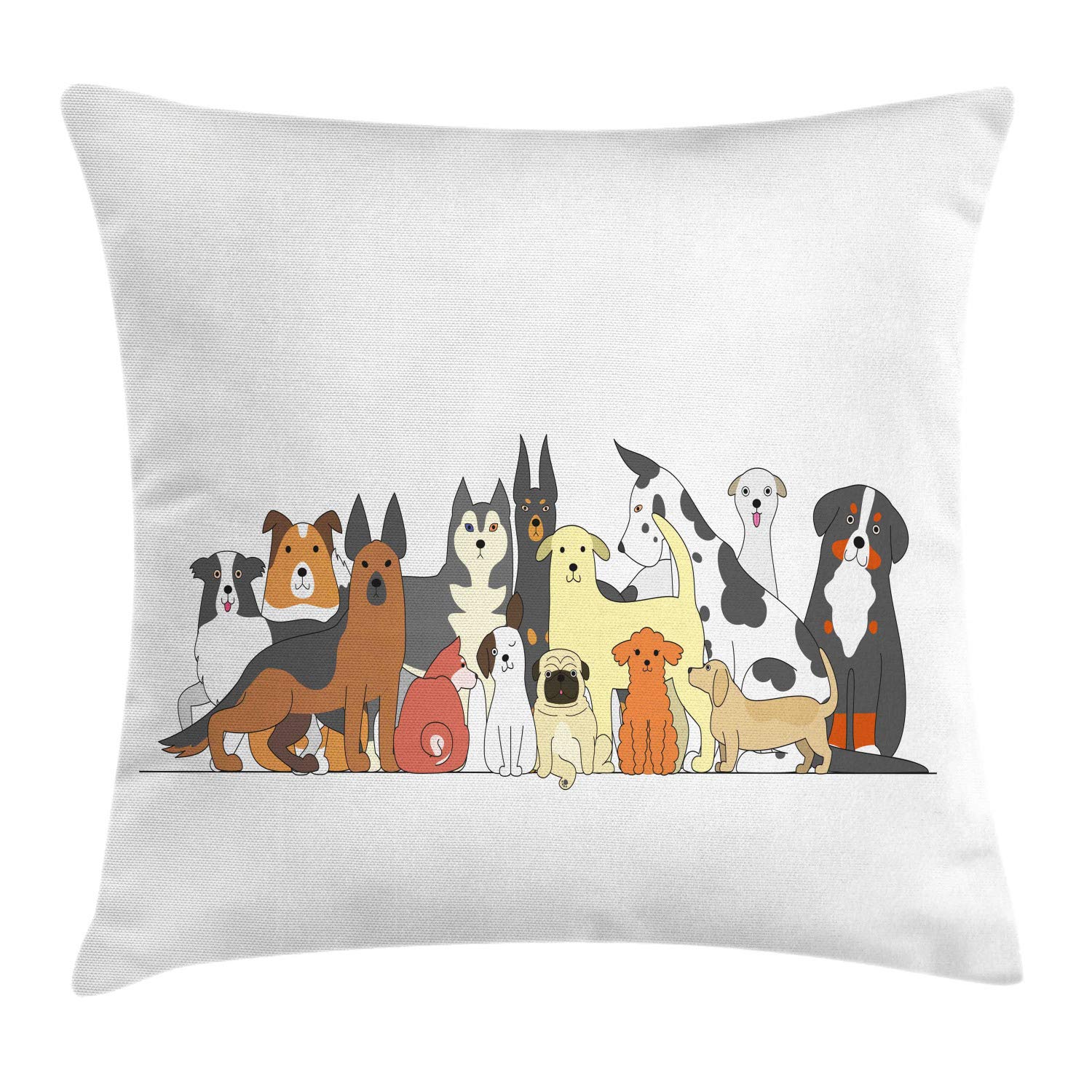 Ambesonne Dog Throw Pillow Cushion Cover, Cartoon Style Clutter of Dogs Husky Jack Russel Terrier Bulldog Illustration, Decorative Square Accent Pillow Case, 28