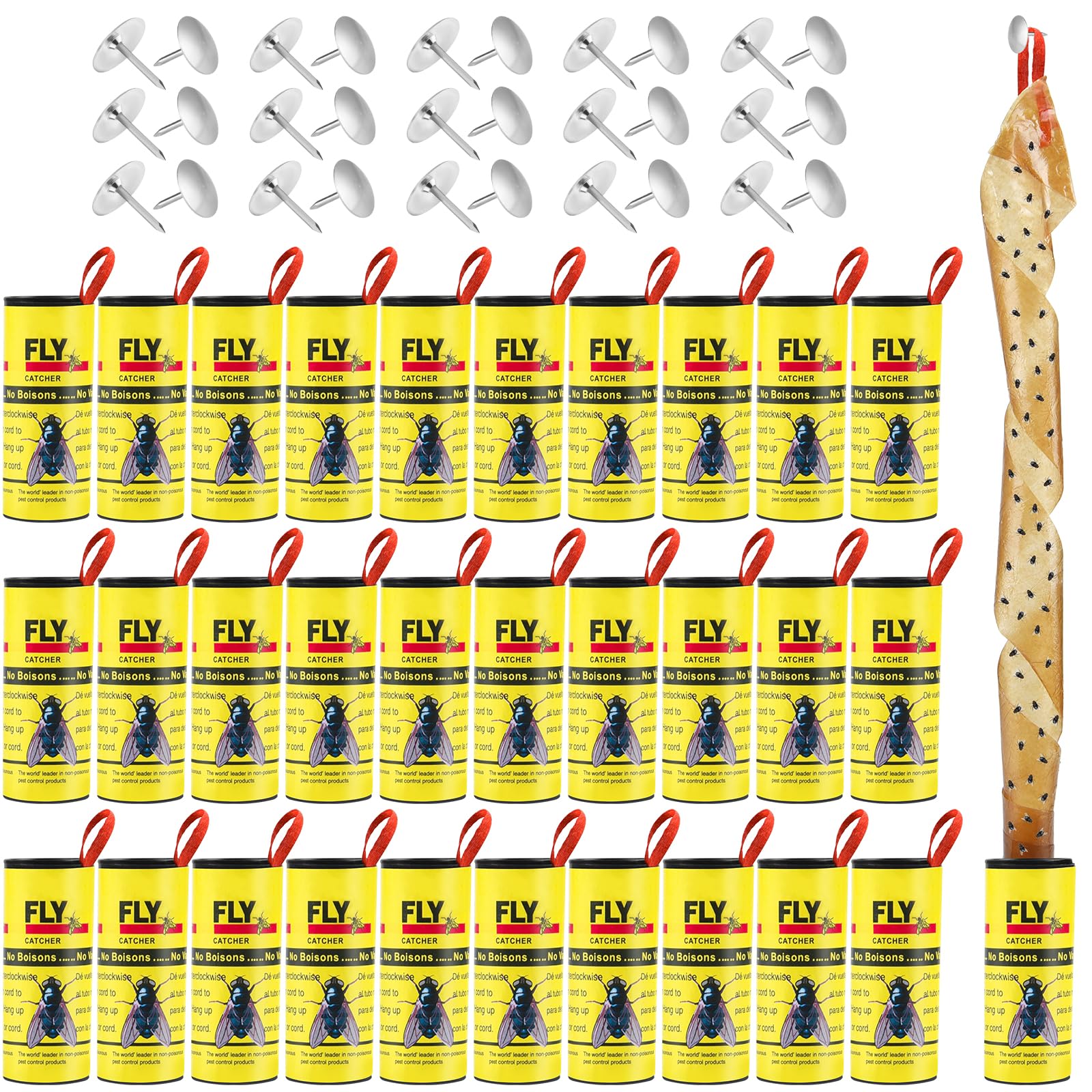 Photo 1 of 30 Rolls Fly Strips Traps for Home, Sticky Strips, Fly Paper Tape Catcher Ribbon for Gnat Fungus Fruit Flies