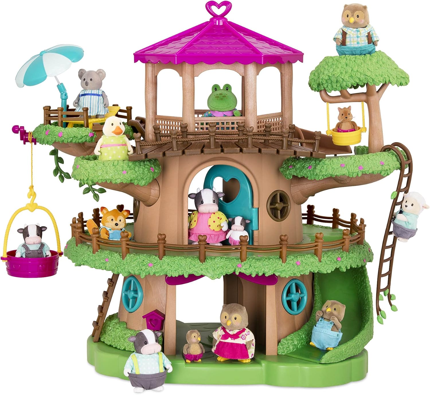 Li'l Woodzeez – Family Treehouse Playset with Crank Elevator, Ladders, Slides & Stairs – 22 Pieces Toy House & Playset with Adorable Animal Figures – Gifts for 3+ Years