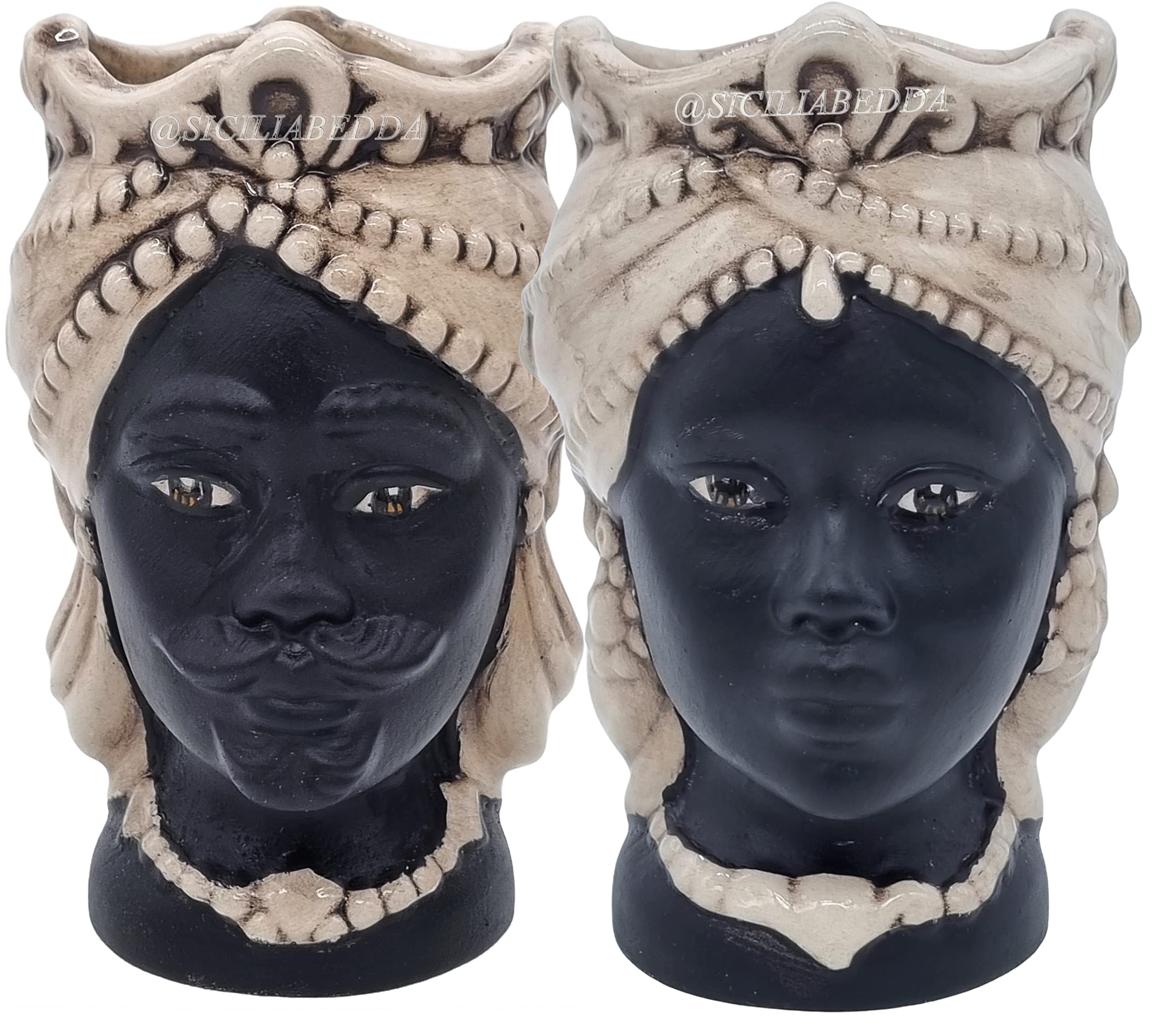 sicilia bedda - Teste di Moro Siciliane in Ceramica di Caltagirone - Volto Satinato/Stile Moderno - Altezza 15Centimetri (Coppia, Avorio)