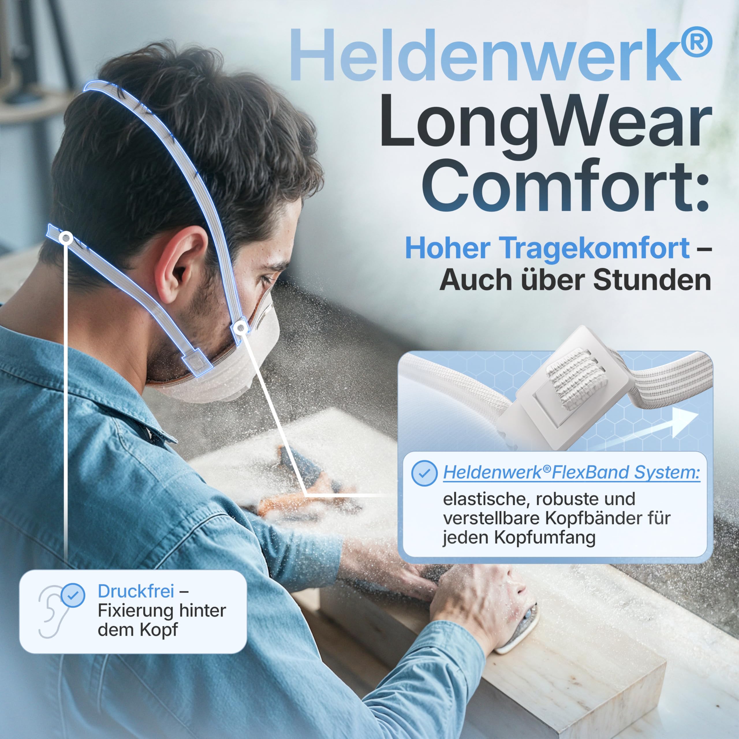 HELDENWERK Máscara FFP3 con válvula – Juego de 5, 10 o 20 unidades – Mascarilla respiratoria/antipolvo certificada válvula de exhalación – Máscaras antipolvo con banda trasera ajustable (20 unidades)