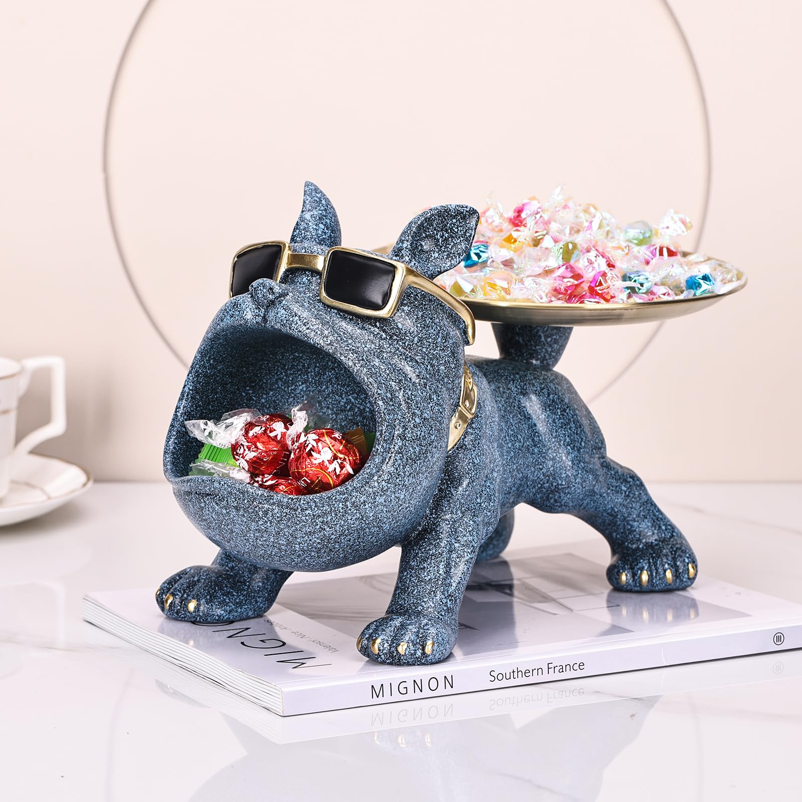 Scultura Di Bulldog Francese Con Vassoio - Portachiavi Con Statua Di Cane In Resina~p148942419