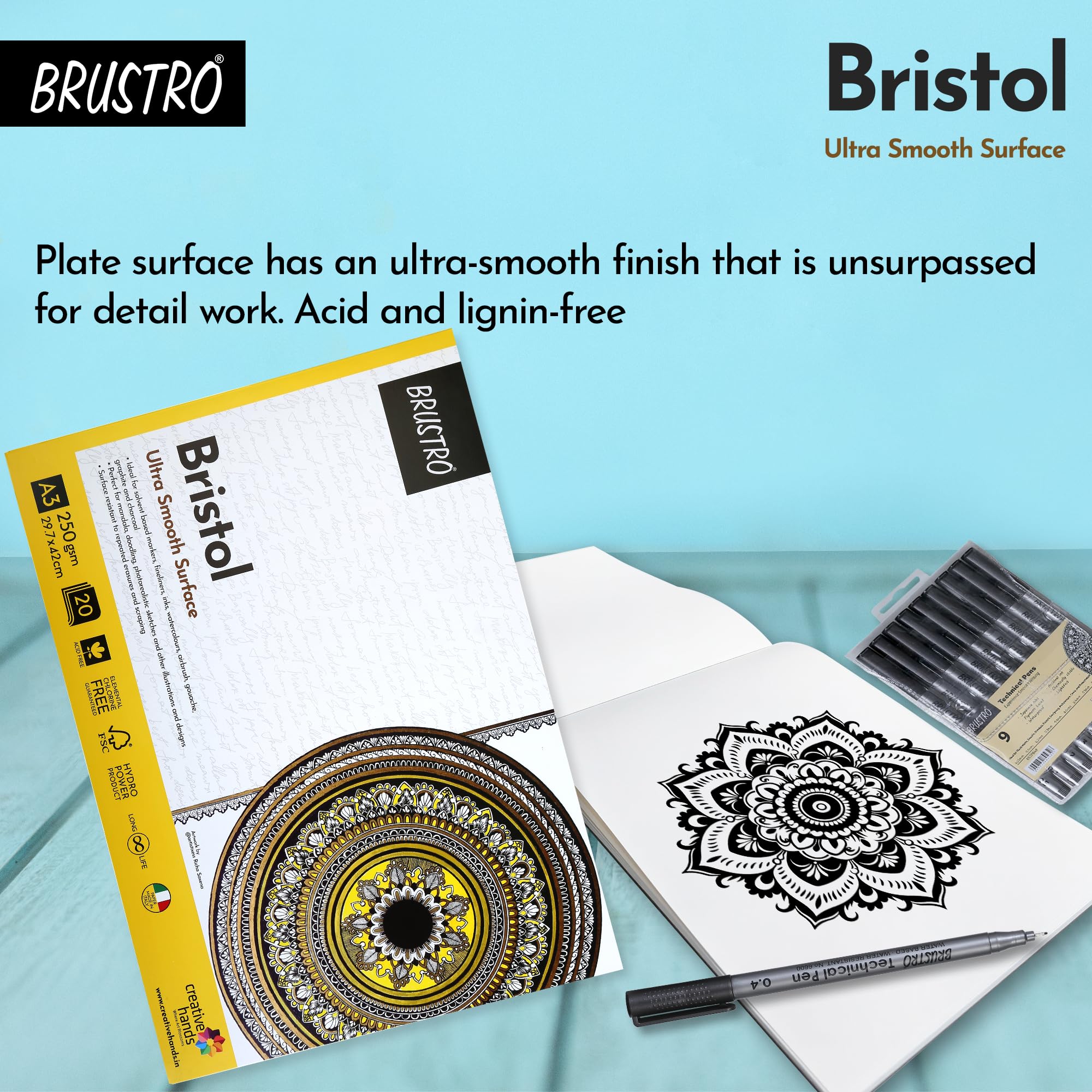 BRUSTRO Bristol Bloc de 20 feuilles adhésives ultra lisses 250 g/m² Format A3
