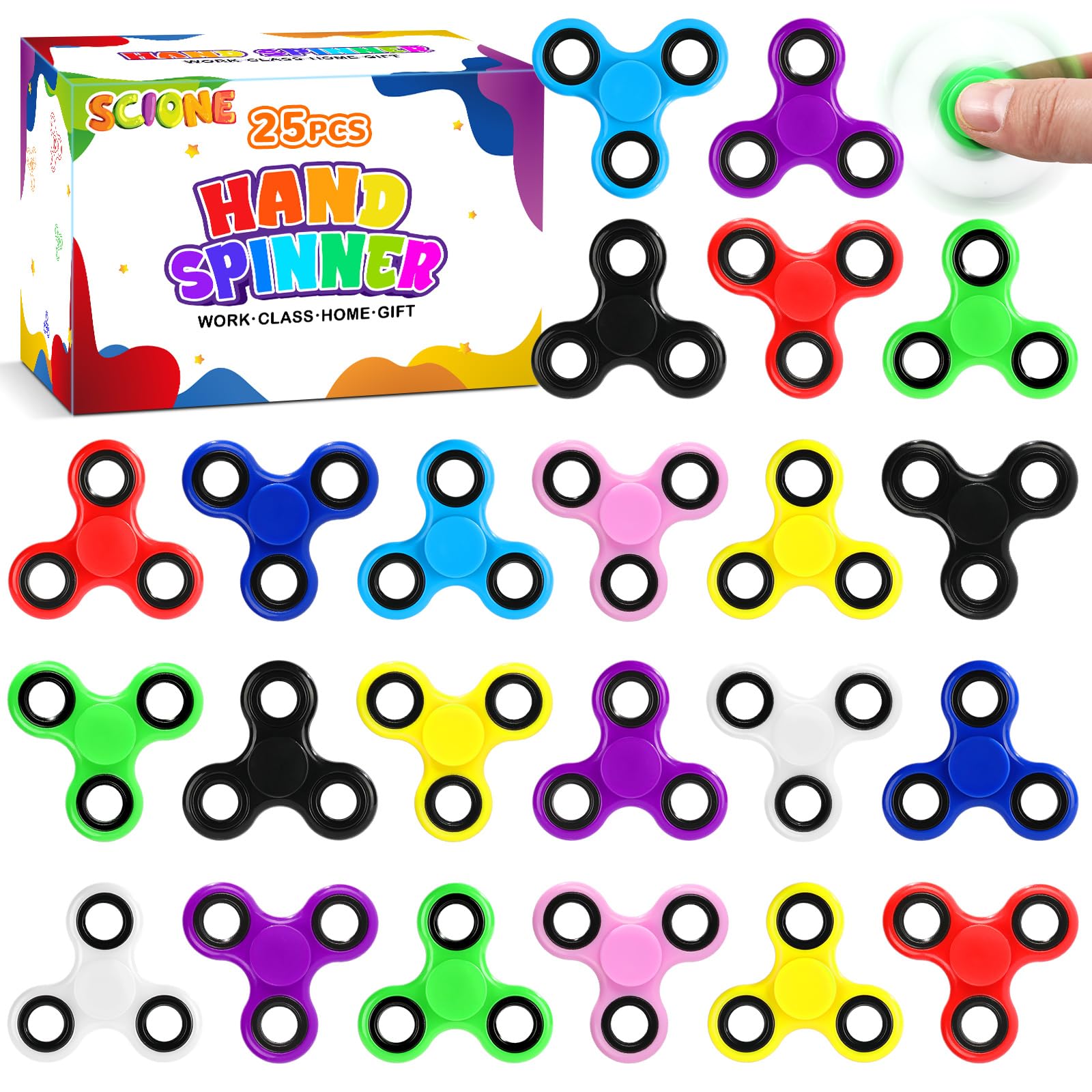 SCIONE [25 Pack] Classic Solid Color Fidget Spinners (5.5 cm), High-Speed Finger Toy Bulk, Classroom Prizes & Party Bag Fillers, Sensory Stress Relief Gadgets for Kids, Cool Birthday Favors