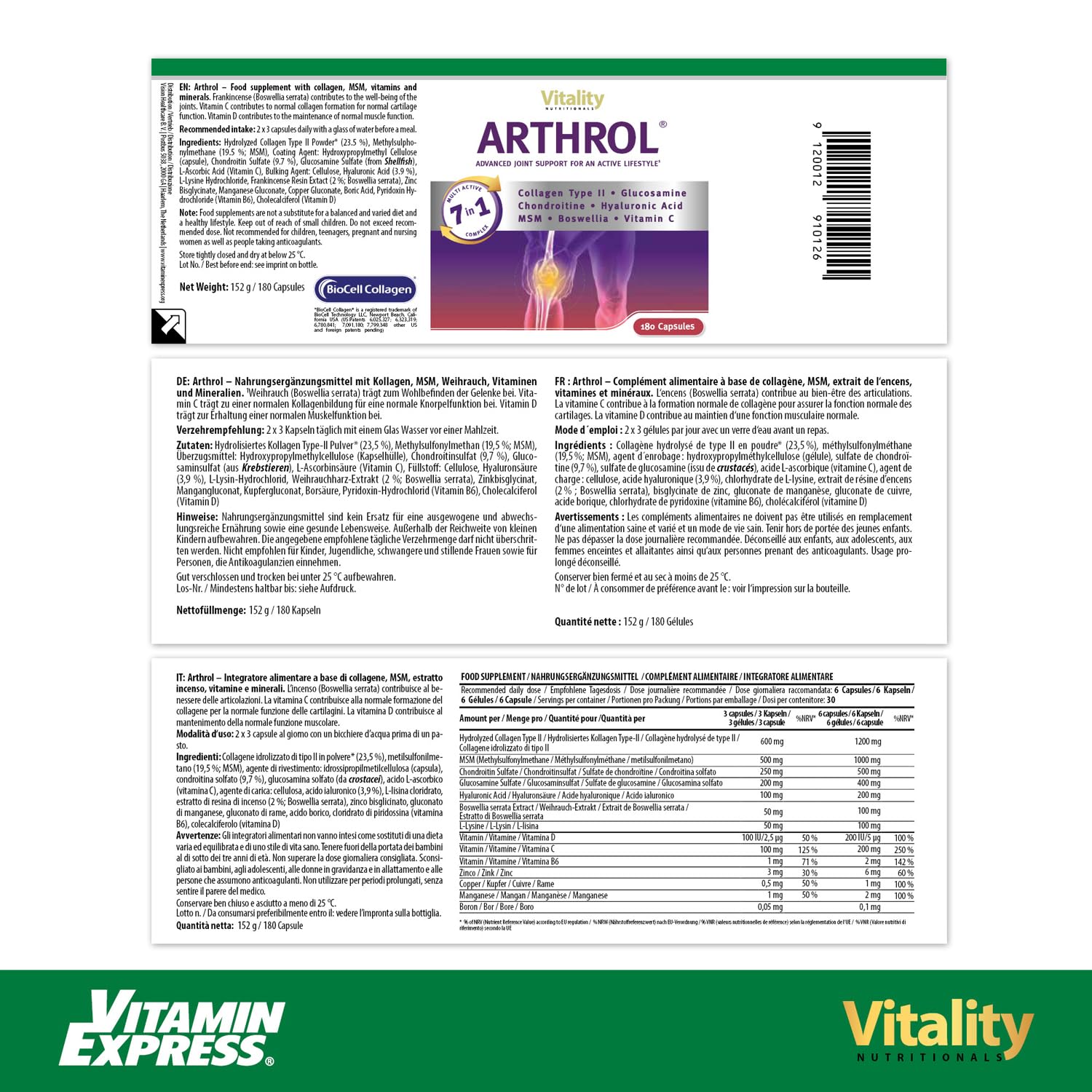 Arthrol gélules pour les articulations à forte dose avec MSM, collagène, glucosamine, hyaluron sans additifs, 180 capsules, douleurs articulaires, acides aminés. Vitality Nutritionals by