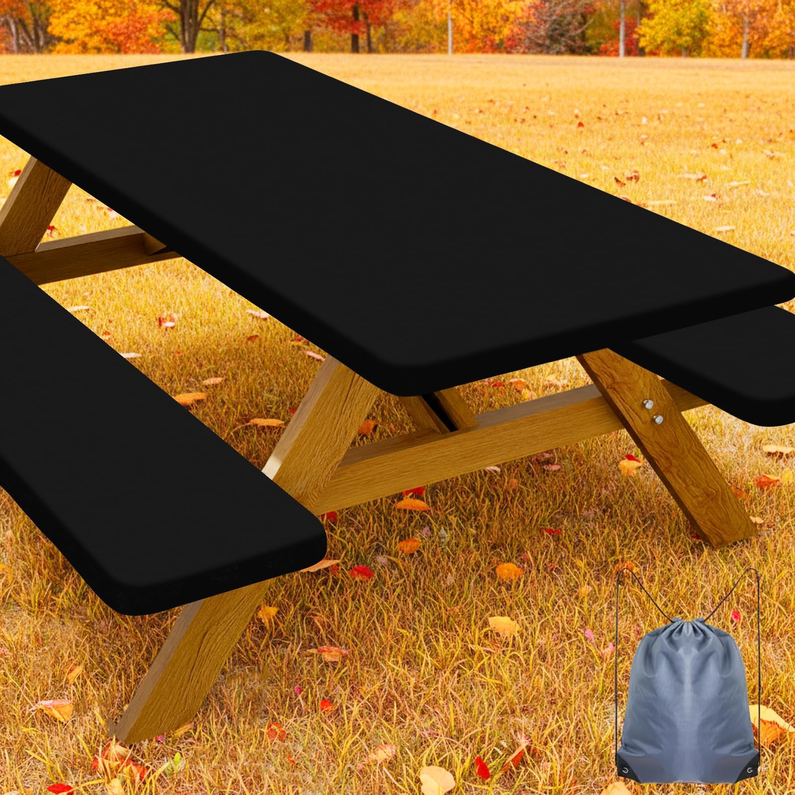 Smiry Picnic Table Cover with Bench Covers, Waterproof Elastic Fitted Polyester Tablecloths for 6 Ft Rectangle Tables, Washable Windproof Tablecloth for Camping, RV & Outdoor (Black, 30x72 Inches)