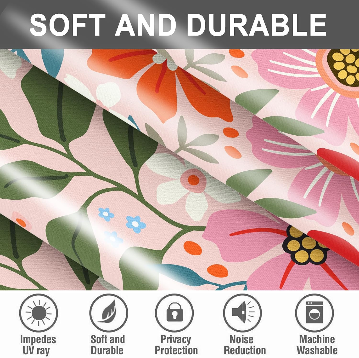 Pink Floral Curtains for Living Room Boho Pink Flower Green Leaves Botanical Print Girls Bedroom Curtains Room Darkening Grommet Window Drapes 2 Panels 42x84 Inch