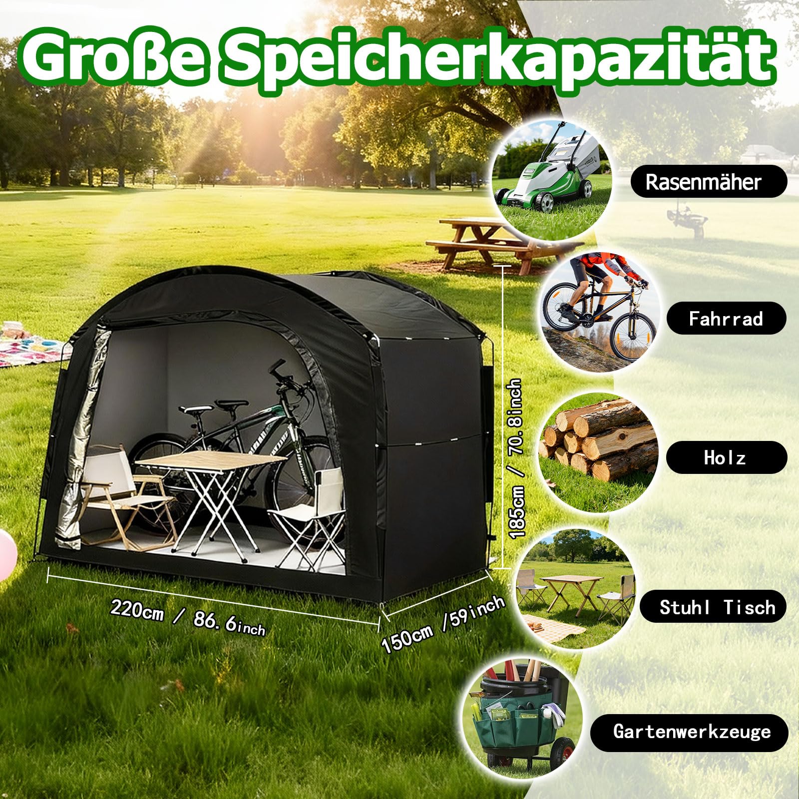 Fahrradzelt für 4 Fahrräder, 220*150*185cm Großräumiger Fahrradgarage Wasserdicht UV-beständig, Geräteschuppen für die Lagerung von Fahrrädern, Gartengeräten, Tischen und Stühlen im Freien