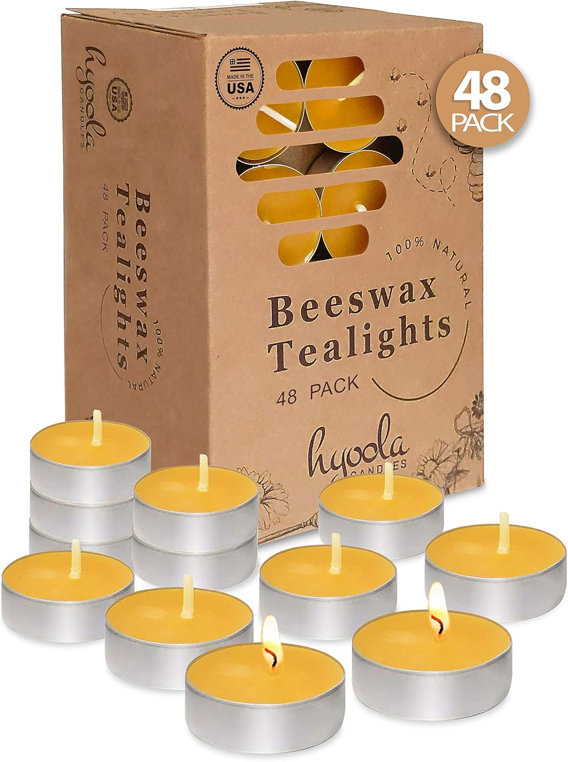 HYOOLA Beeswax Tealight Candles in Aluminum Cup - 48 Pack - 100% Pure Natural Beeswax Candles