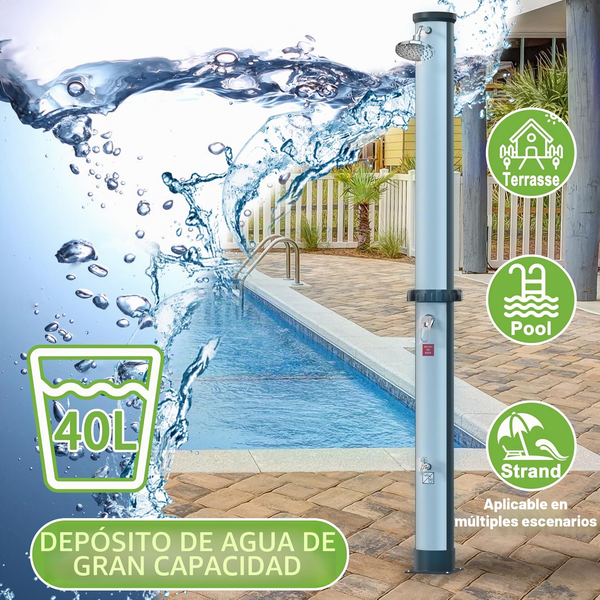 UISEBRT Ducha solar de 40 litros, ducha solar de jardín de 216 cm de alto, cabezal de ducha de lluvia giratorio, máx. 60 °C, ducha exterior con grifo y juego de conexión para piscina, jardín y camping