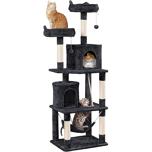 Yaheetech Cat Tree, 70.5in Climbing Tower for Indoor Cats, Multi-Level Kitten Condo with Scratching Post, Pet Activity Center w/Plush Perches & Hammock & Dangling Ball, Black