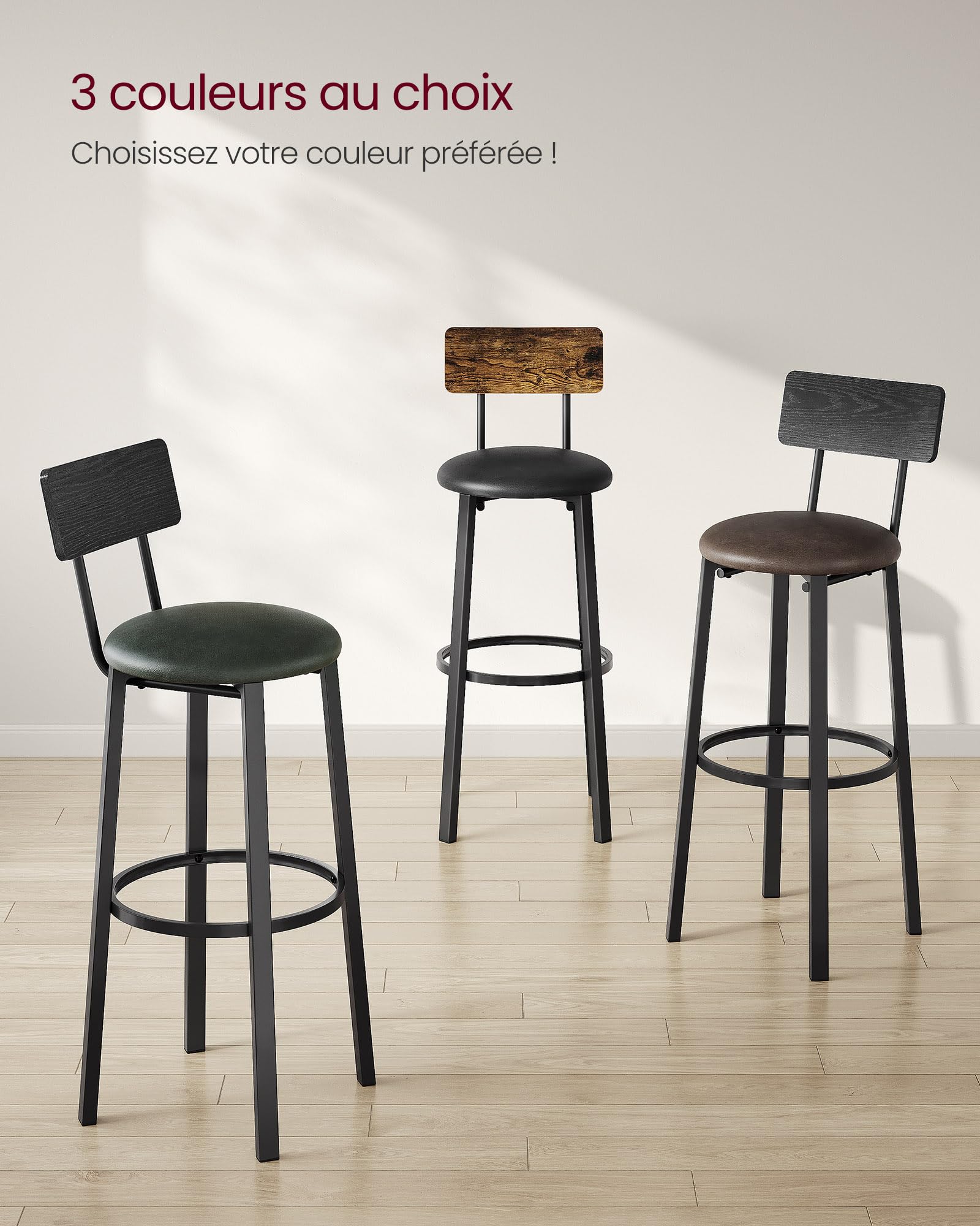 VASAGLE Tabouret de Bar, Lot de 2, Chaise de Cuisine, Rembourré, PU, Assise 75,5 cm, Repose-Pieds, Montage Simple, Industriel, Salle à Manger, Cuisine, Marron Rustique et Noir Classique LBC069B81