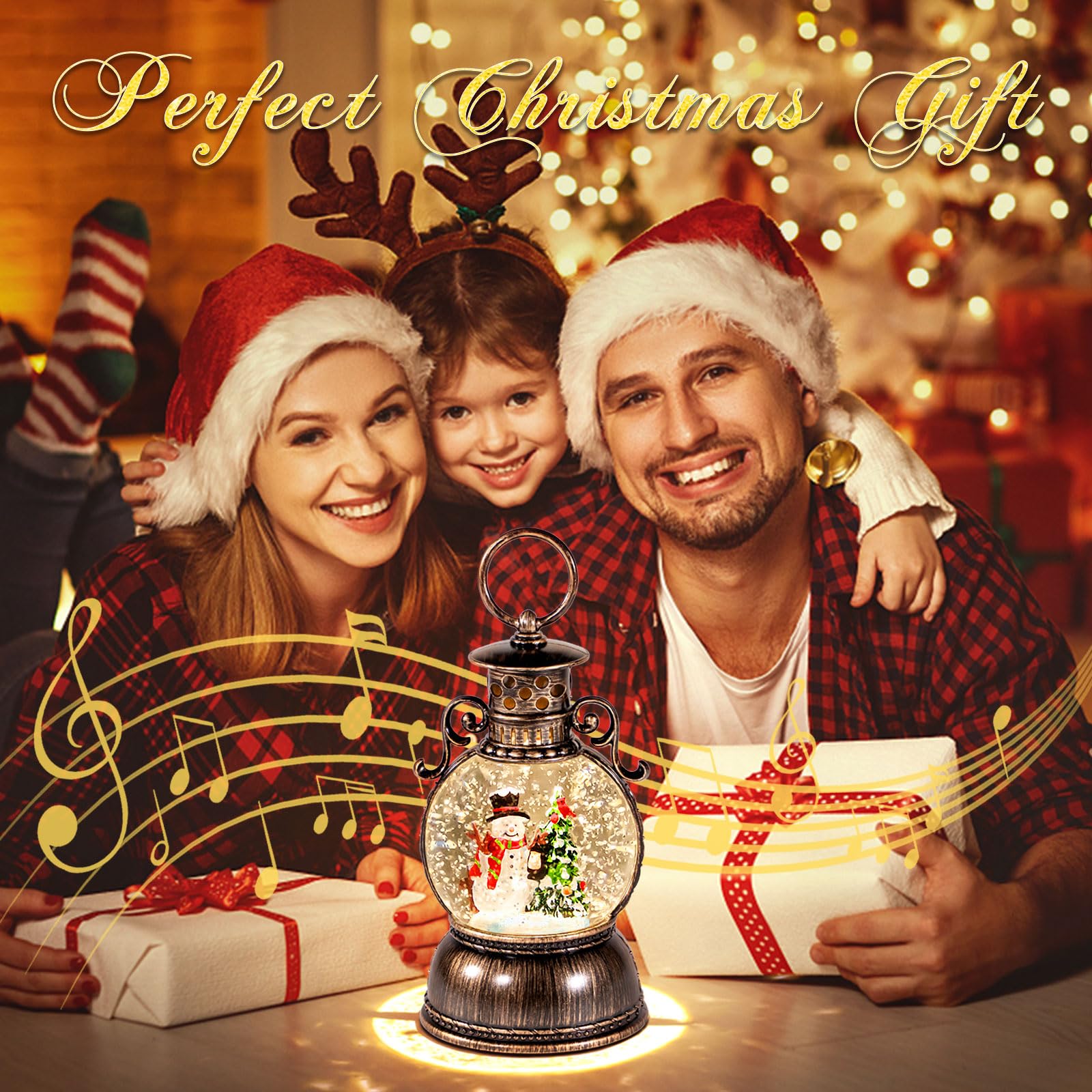 Weihnachts-Schneekugeln, Laterne, Musik, 6H Timer, Zylinder, Glitzer, Schneekugel, Bronze, mit Spieluhr, inklusive 8 Liedern, Laterne mit Weihnachtsbaum, Schneemann, Dekor