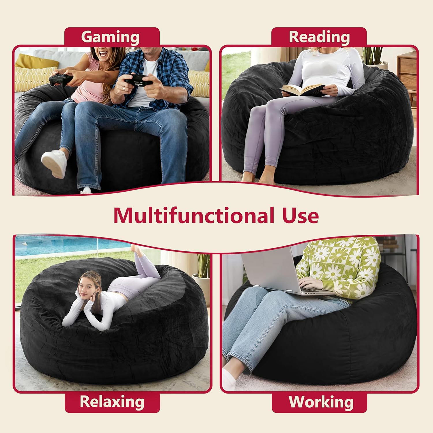 Giant Bean Bag Chair with Memory Foam Filling Beanbag for Adult 8 Colors, Machine Washable Removeable Flannel Cover, Soft Cozy for Bedroom, Living Room - 6 Feet Black