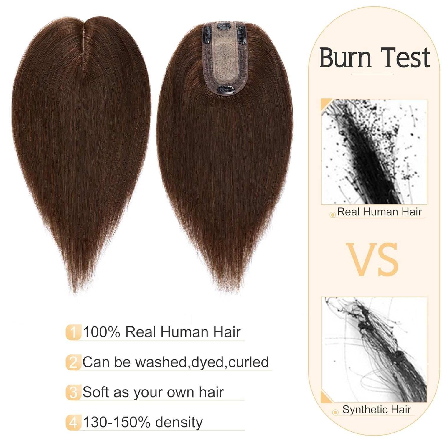 SEGO Human Hair Toppers for Women With Thinning Hair, 7 * 13CM Silk Base 100% Real Human Hair Clip in Top Wiglet Hairpieces -6 Inch No Bangs Medium Brown