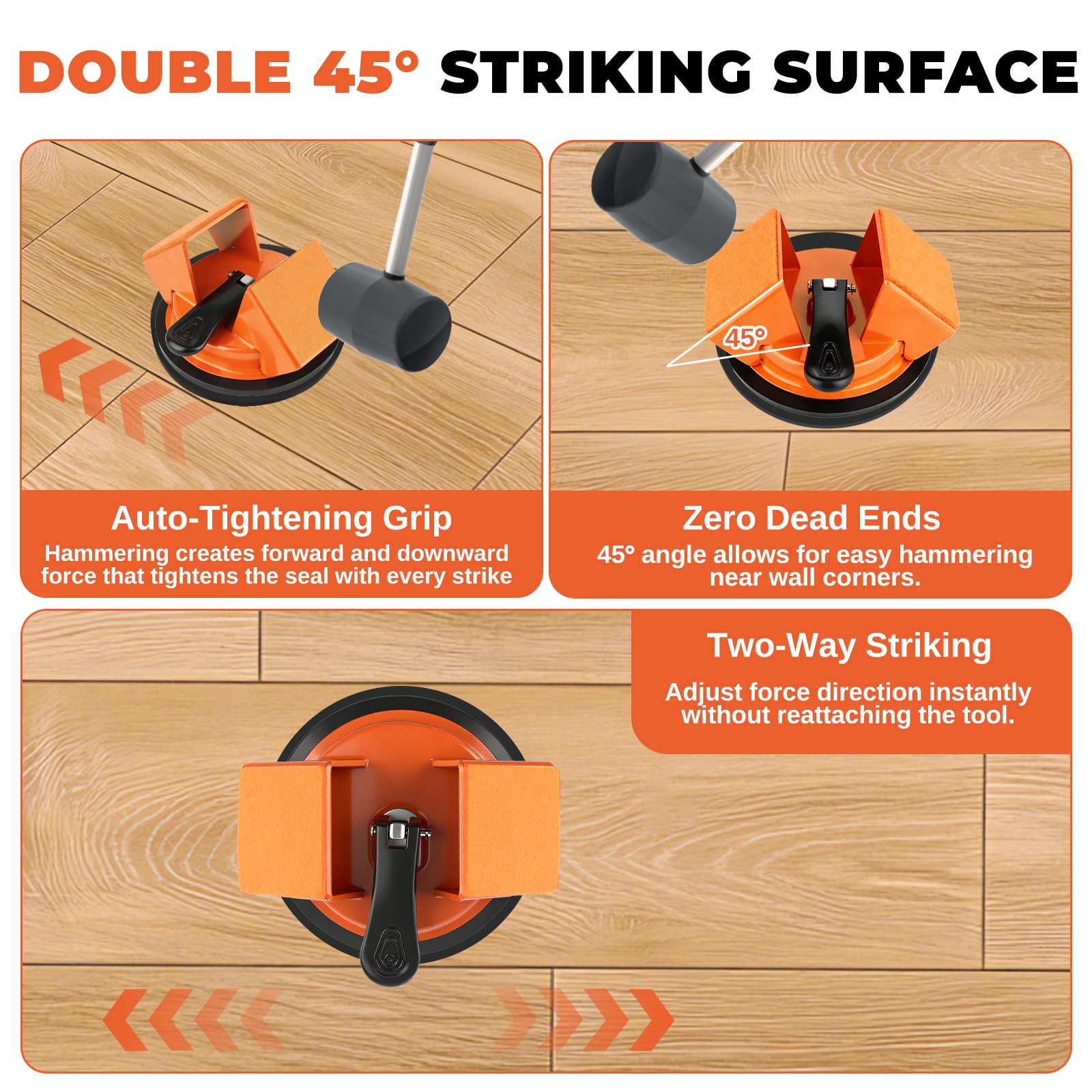 Floor Gap Fixer Tool -45° Two-Way Tapping Function, Heavy Duty Cast Iron with Reinforced Suction Cup, Includes 2 Crack Cleaning Tools & Reusable Rubber Pad (Orange) - 5