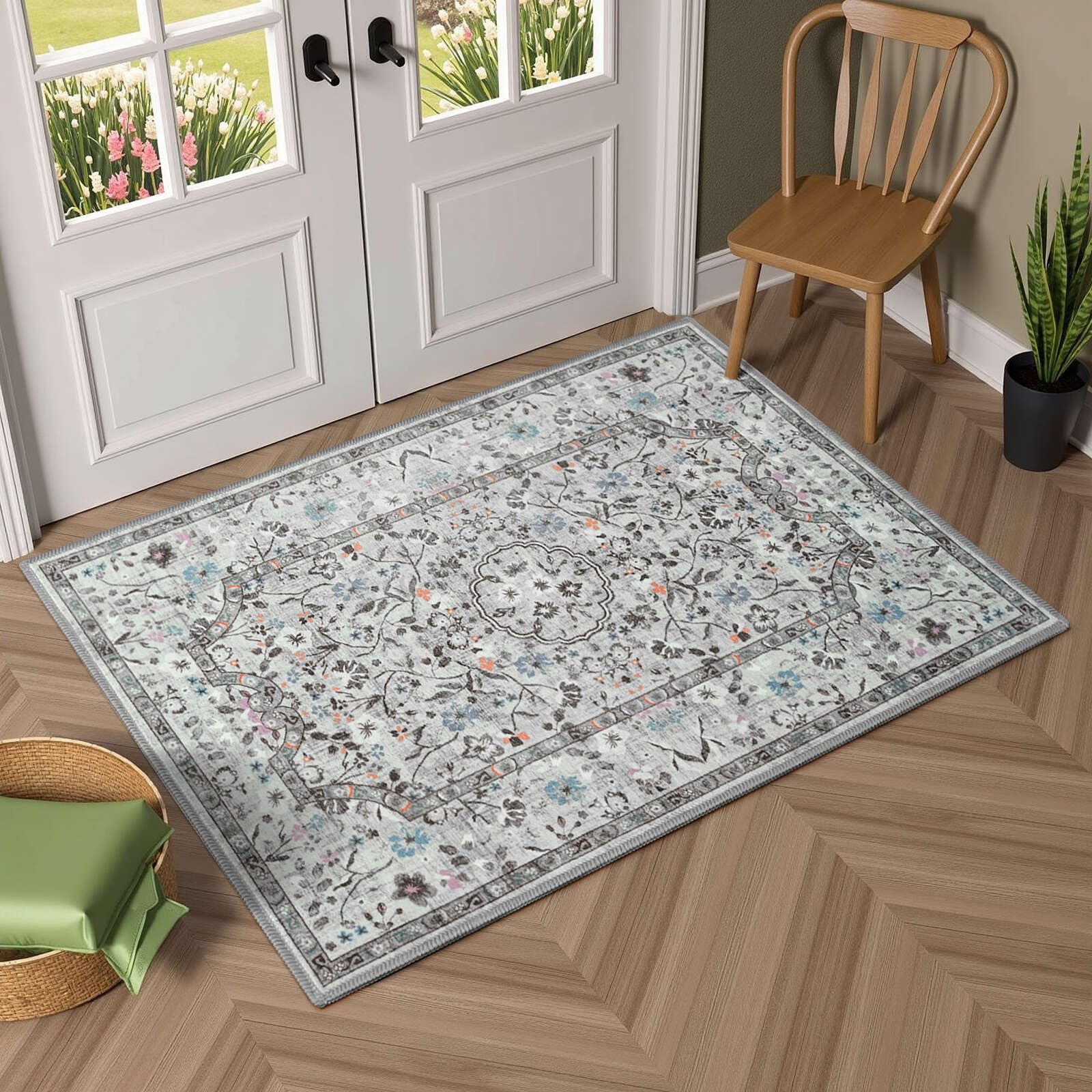 Vasofe 2x3 Area Rug for Bedroom, Small Rugs for Entryway, Kitchen, Bathroom, Non-Slip Washable Carpet Soft Low Pile Vintage Floral Grey Mat Front Door