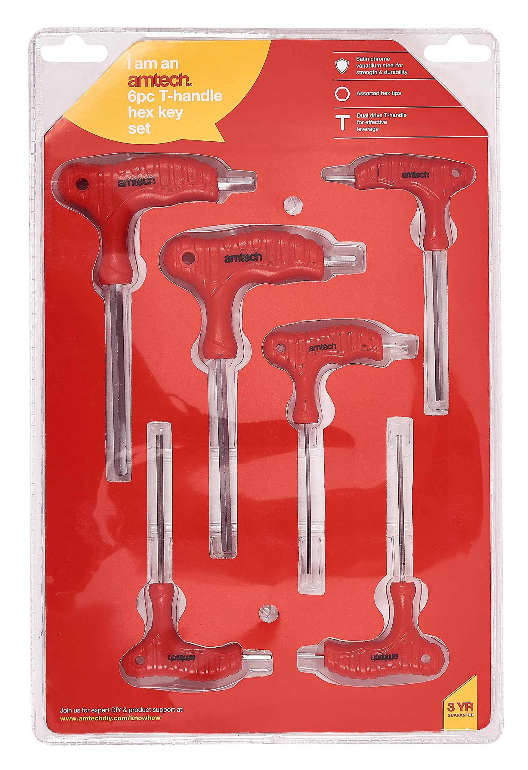 Am-Tech 6er Set T-Handle Innensechskantschlüssel – Größen 2 Bis 6 Mm, Chrom Vanadium Stahl