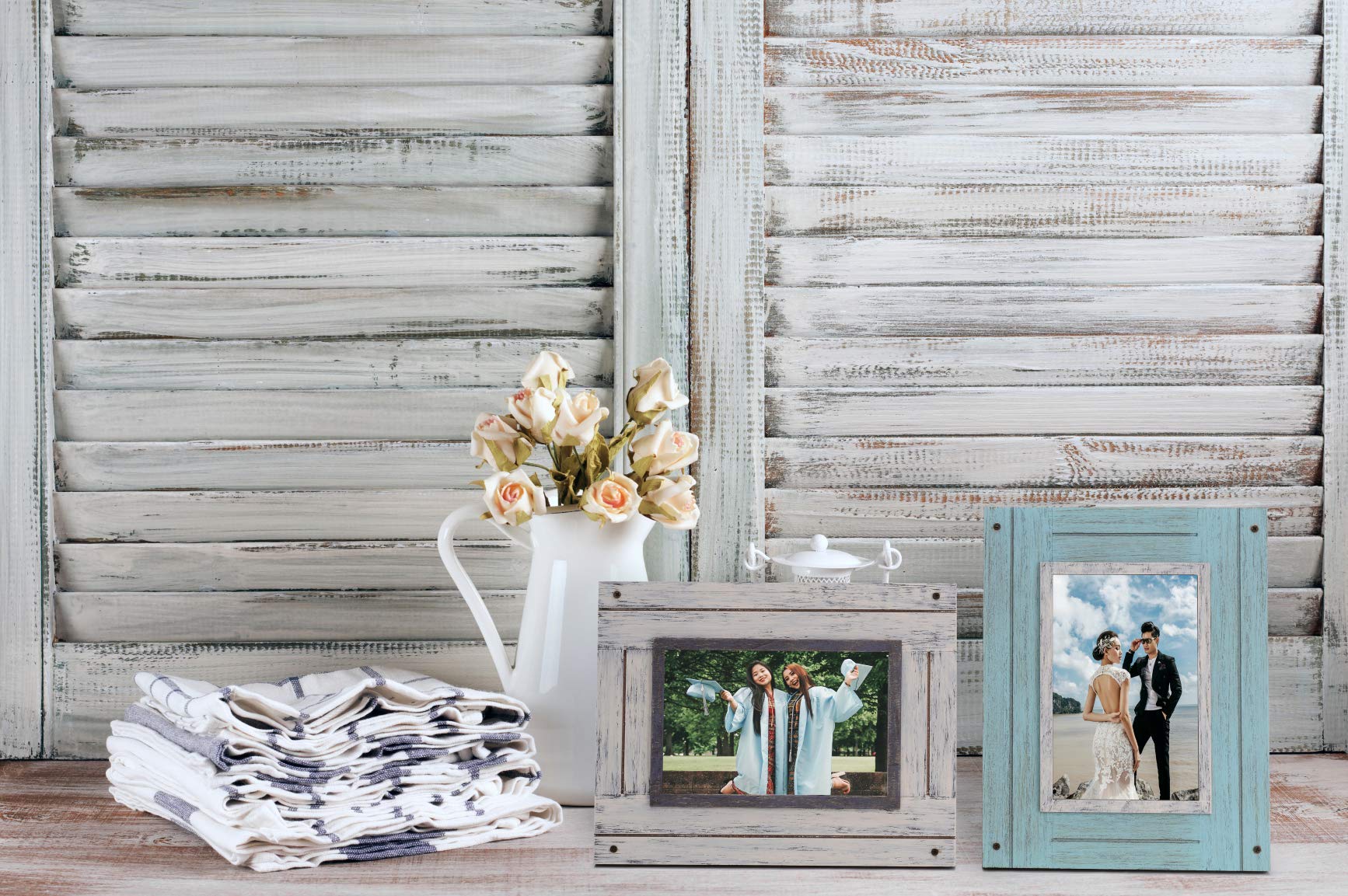 Rustic 4x6 Picture Frames 4x6 Frame Set of 2, White & Teal, Farmhouse