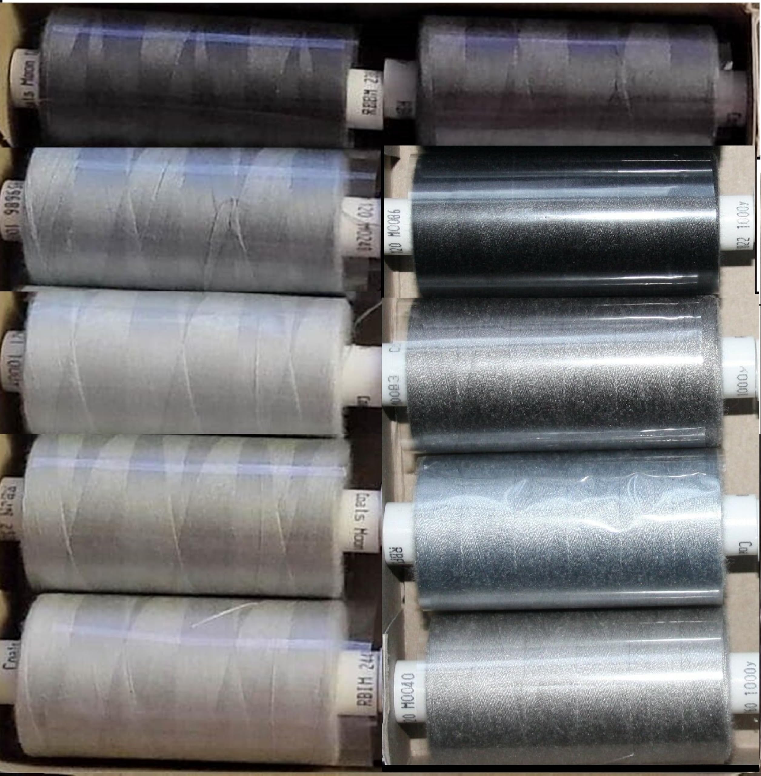 Assorted Sewing Thread Box of 10 reels -10 x Moon Polyester Reels Thread Sewing Over Locking 1000 Yards 120’s (Assorted Greys)