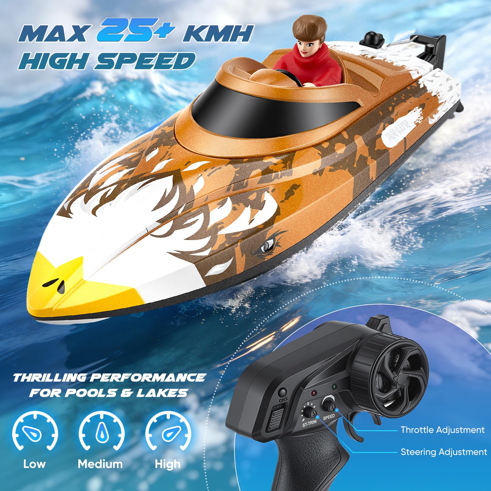 Bateau RC télécommandé 25 km/h - Bateau de course haute vitesse étanche avec 2 batteries et télécommande 2,4 GHz pour piscine, lac et étang - Pour enfants et adultes (Marron)