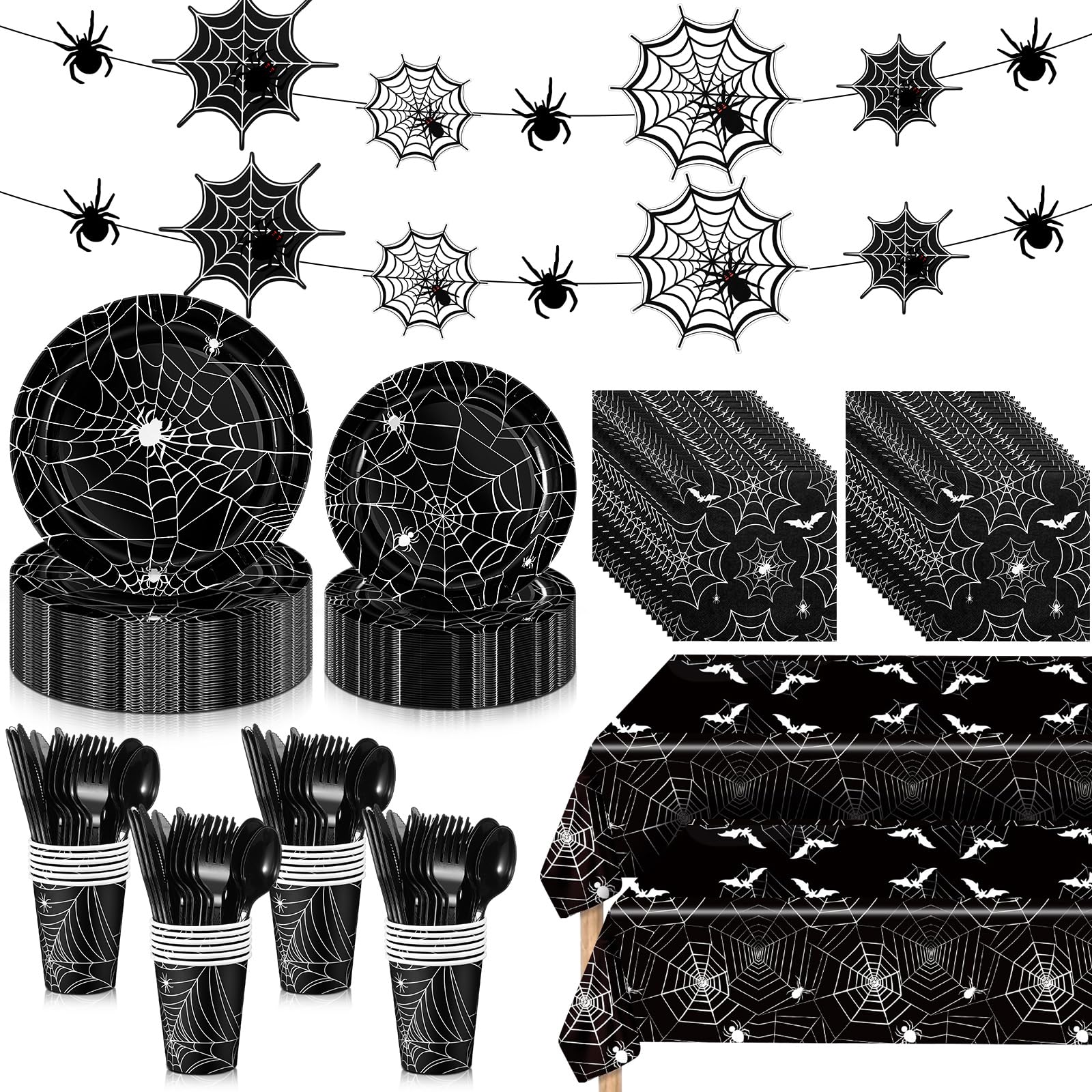Mimorou 214 Pieces Halloween Party Tableware Set Spider Web Plates Cups Table covers Banner Party Decorations for Birthdays Happy Halloween Eve Decor Themed Cocktail Party Home Decoration