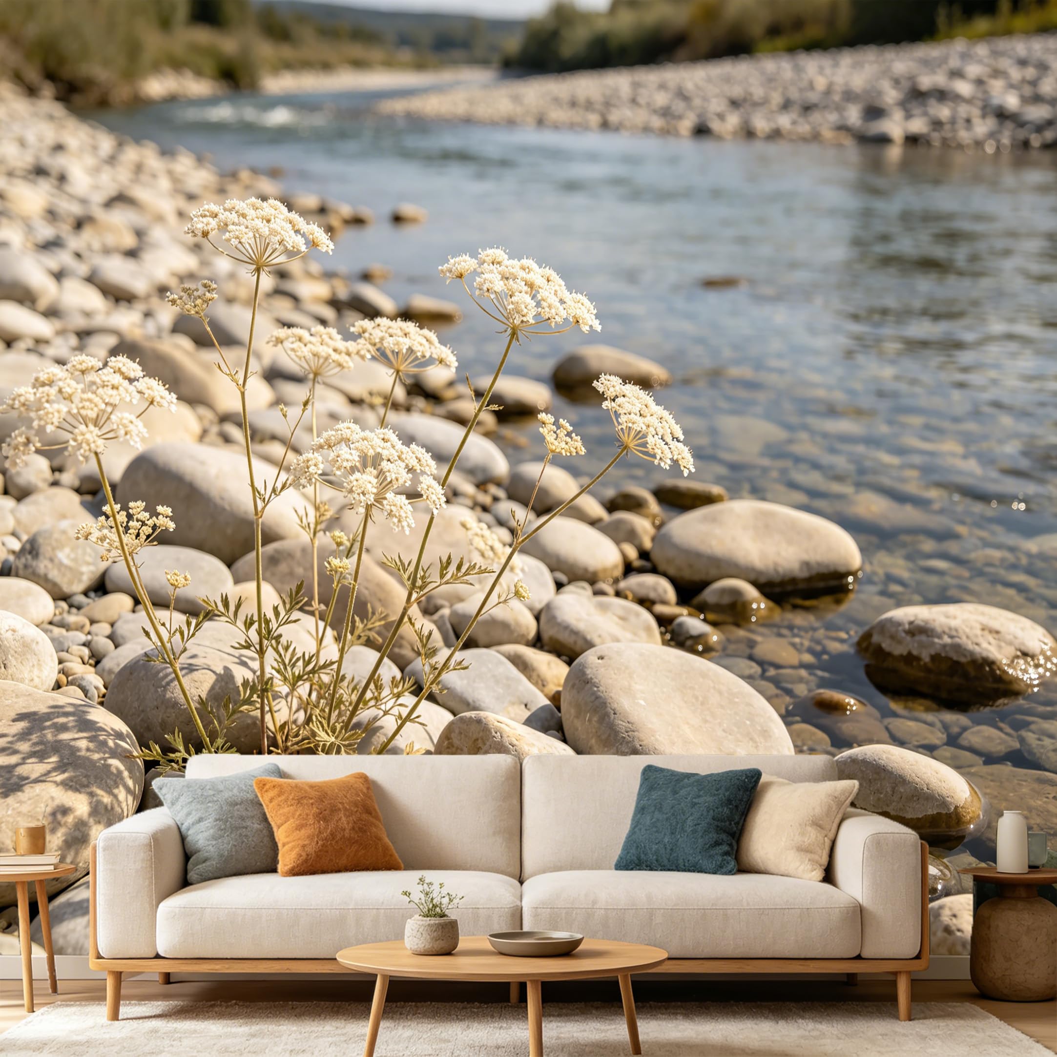 Custom Size Wall Mural Landscape Mountain Lake Shore White Wildflowers River Stones SelfAdhesive Art Prints wall Fabric（No PVC） Removable Wallpaper Home Bedroom Decor