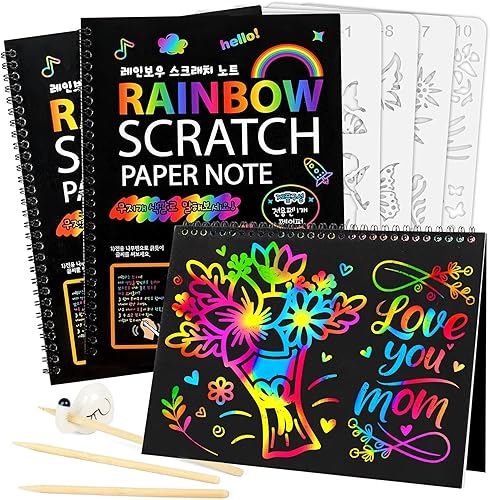 Mocoosy Paquete de 3 cuadernos de papel de arte de arco iris, libro mágico de arañazos encuadernado en espiral para niños, suministros de