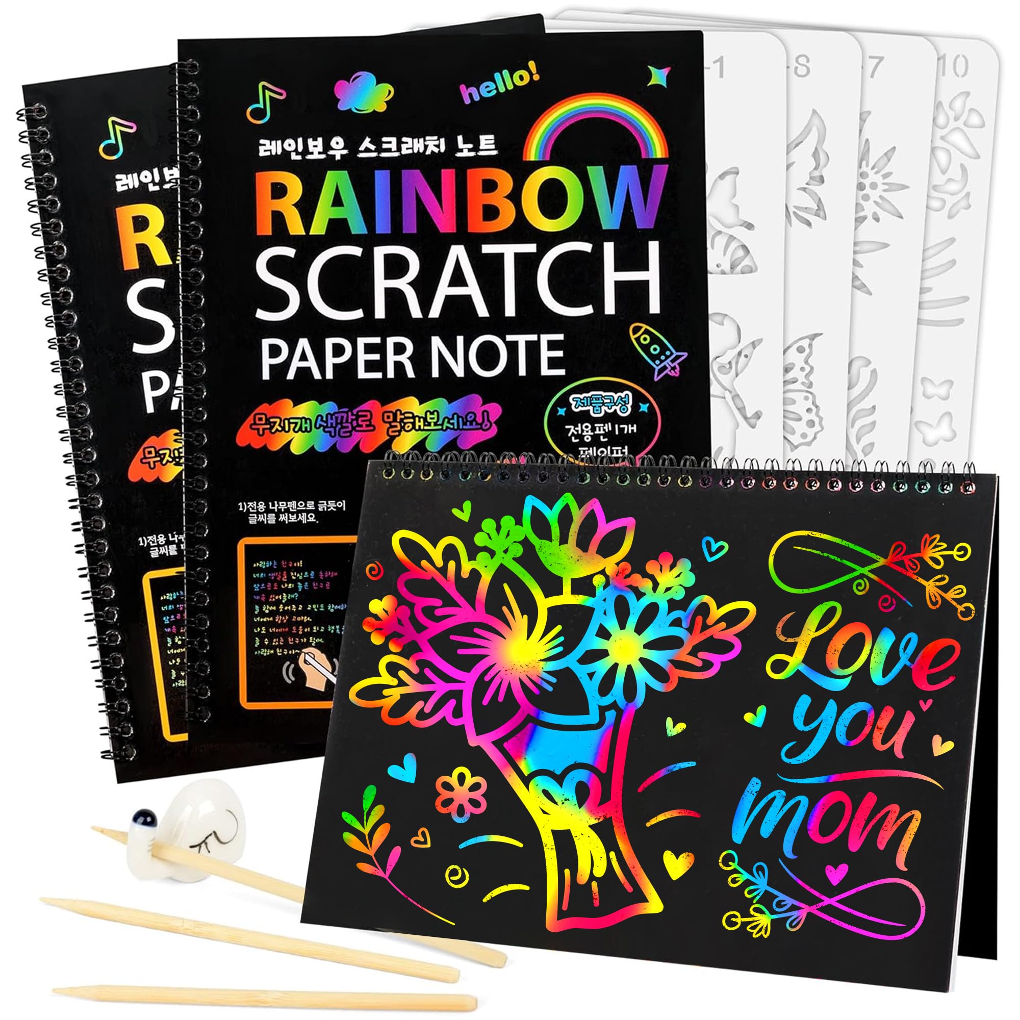 Mocoosy 3 Pack Rainbow Scratch Paper Art Notebooks, Magic Scratch Paper Set for Kids Arts Crafts, Black Scratch Note Doodle Pads for DIY Drawing Activity Birthday Gifts Ideas for Boys Girls Ages 3-12