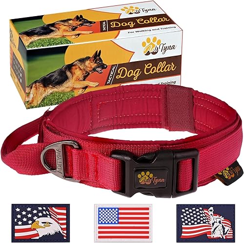 ADITYNA - Collar táctico para perros grandes - Collar de perro con relleno suave, resistente, ajustable, color burdeos con asa para entrenar y ADITYNA - Collar táctico para perros grandes - Collar de perro con relleno suave, resistente, ajustable, color burdeos con asa para entrenar y