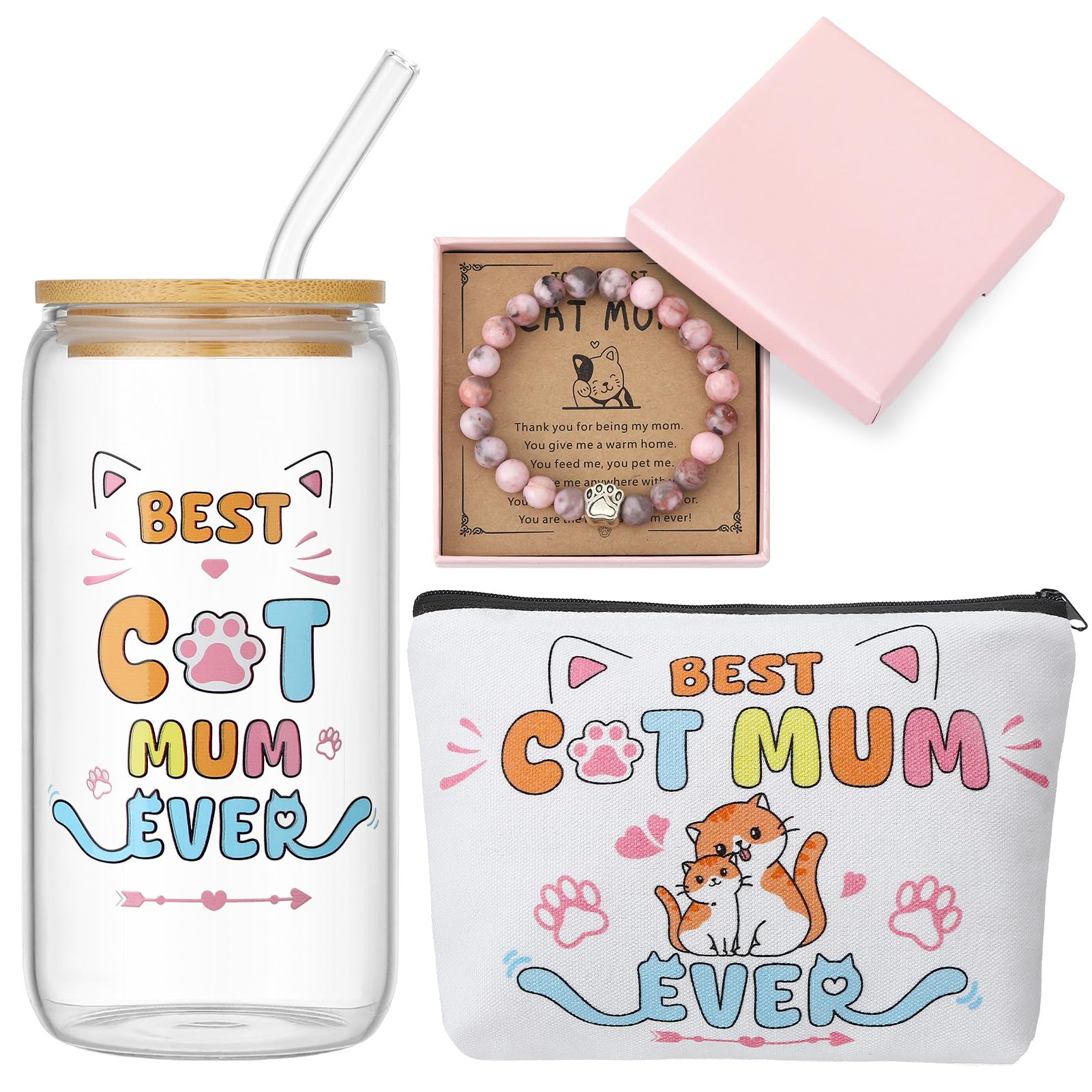 saerryor Cat Gifts Set for Women Girls Cat Lovers,16 oz Glass Iced Coffee Cup with Lid and Straw, Makeup Bag and Bracelet, Leaving Present Birthday Gifts for Teachers Auntie Sister Besties