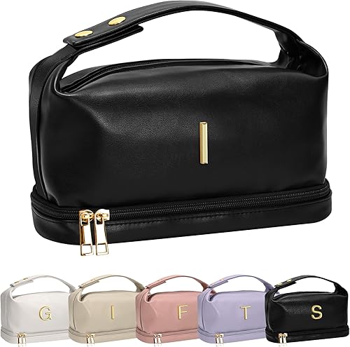 Vista 145 de Regalos Vogewood para mujeres, bolsa de maquillaje personalizada con asa, bolsa de cosméticos inicial de doble capa con organizador de brochas