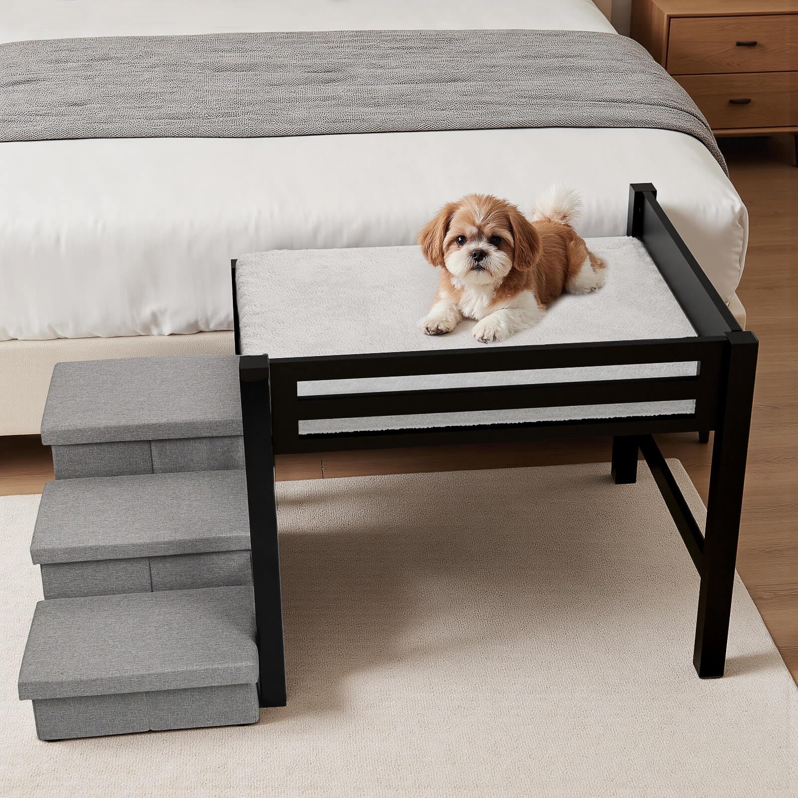Bedside Dog Bed with Mattress - Raised Wooden Pet...