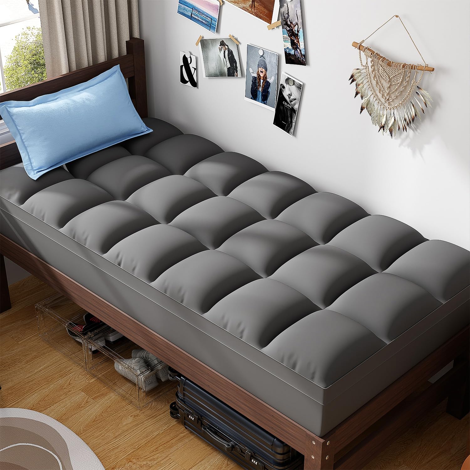 ABENE Twin XL Mattress Topper, Thick Pillow Top Mattress Pad, Grey