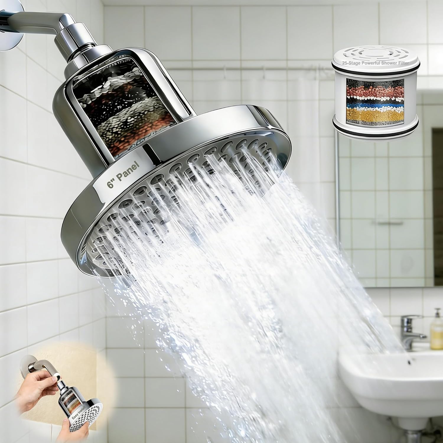 High Pressure Shower Head with Filters: Fixes Low Pressure & Rust Water for Old Apartments - 6" Hard Water Filtered Showerhead Removes Chlorine Easy Twist-on Install for Dorm Renter