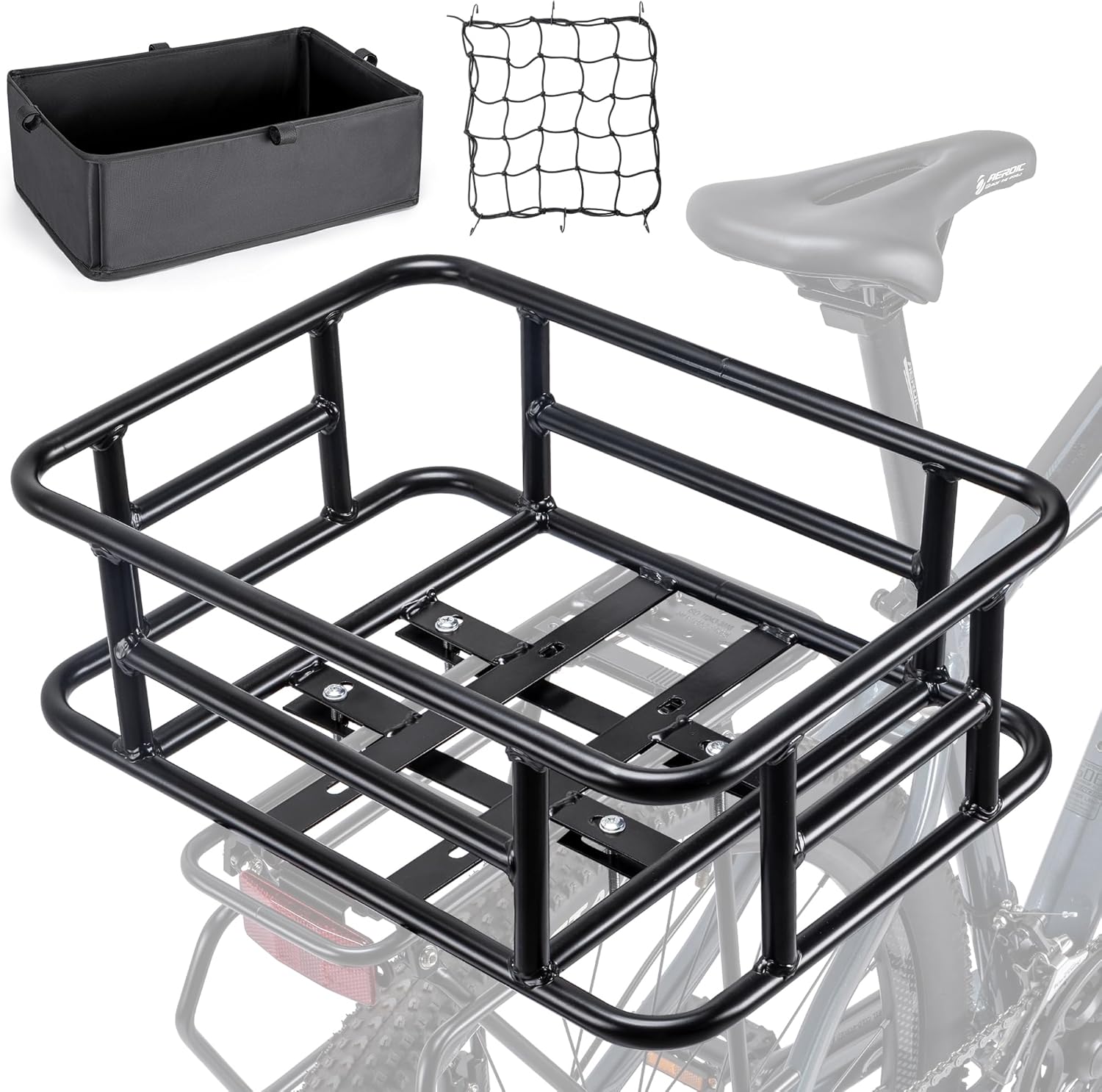 CXWXC Large Bicycle Basket with Cargo Net and Liner - Rear Cargo Rack for Bike, Electric Bike, Ebike